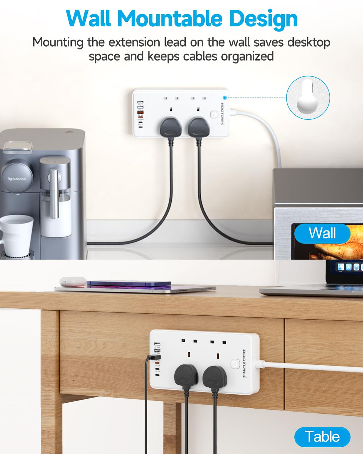 Extension Lead with 6 USB Slots (3 USB C), 4 Way Surge Protected, 3M