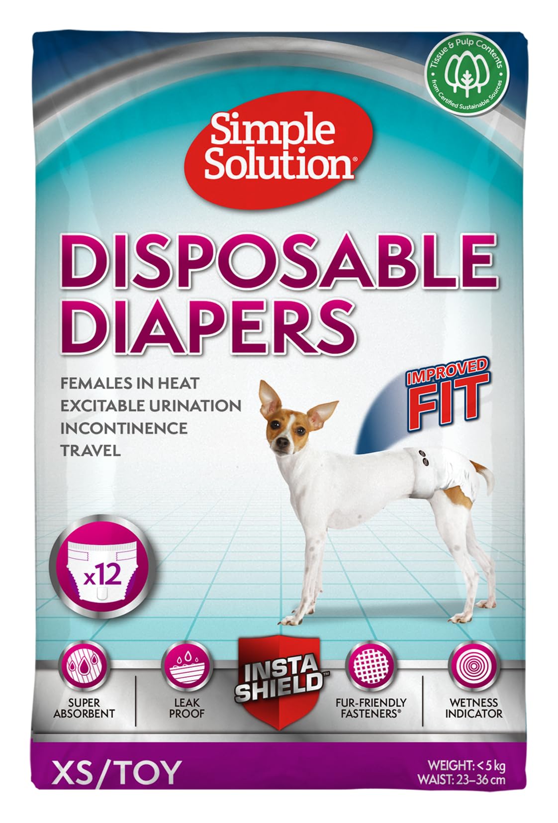 Simple Solution Disposable Dog Diapers for Female Dogs, Super Absorbent Leak-Proof Fit with Wetness Indicator for Excitable Urination, Incontinence or Females in Heat - 12 Pack