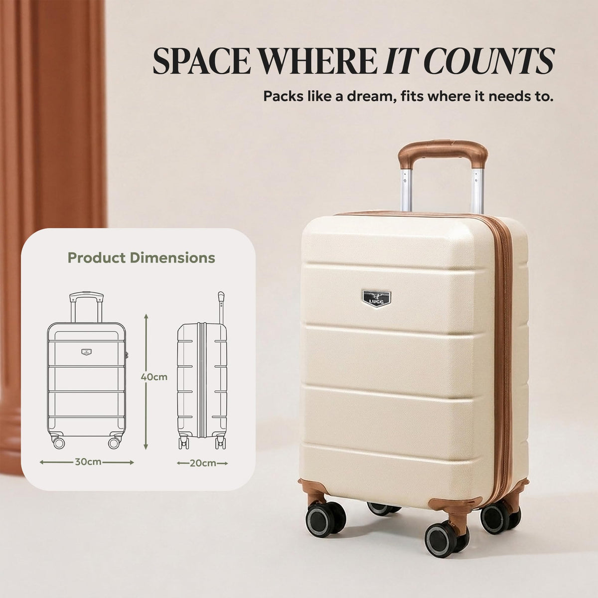 LUGG Jetset 40cm Suitcase 40x30x20cm, Ryanair Compatible Underseat Size, Hard Shell ABS, Spinner with Removable Wheels, Lightweight Travel Luggage, 1 Year Warranty