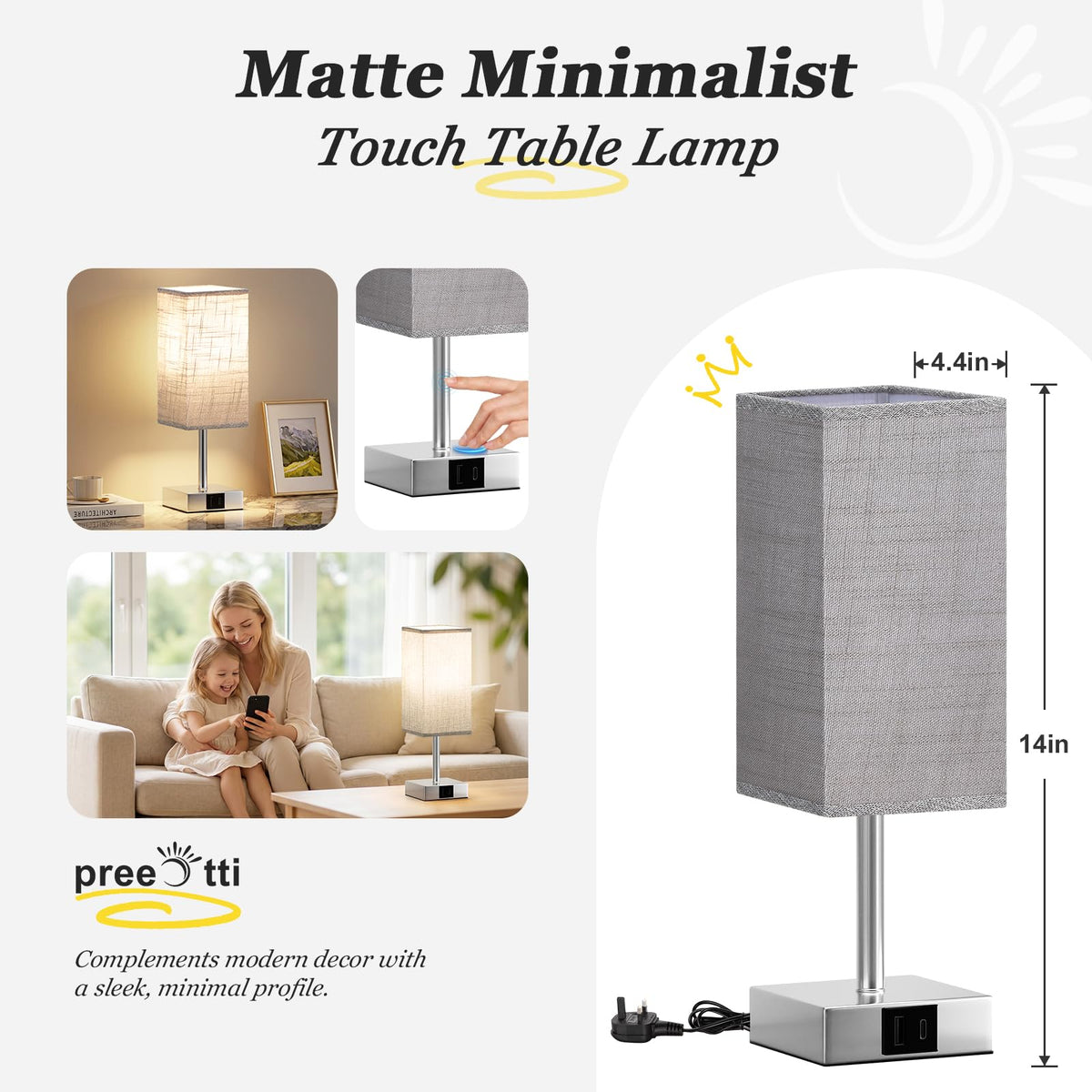 Pink Touch Lamp, Bed Lamp with Dual USB Charging Ports, Pink-Base (Bulb Included)