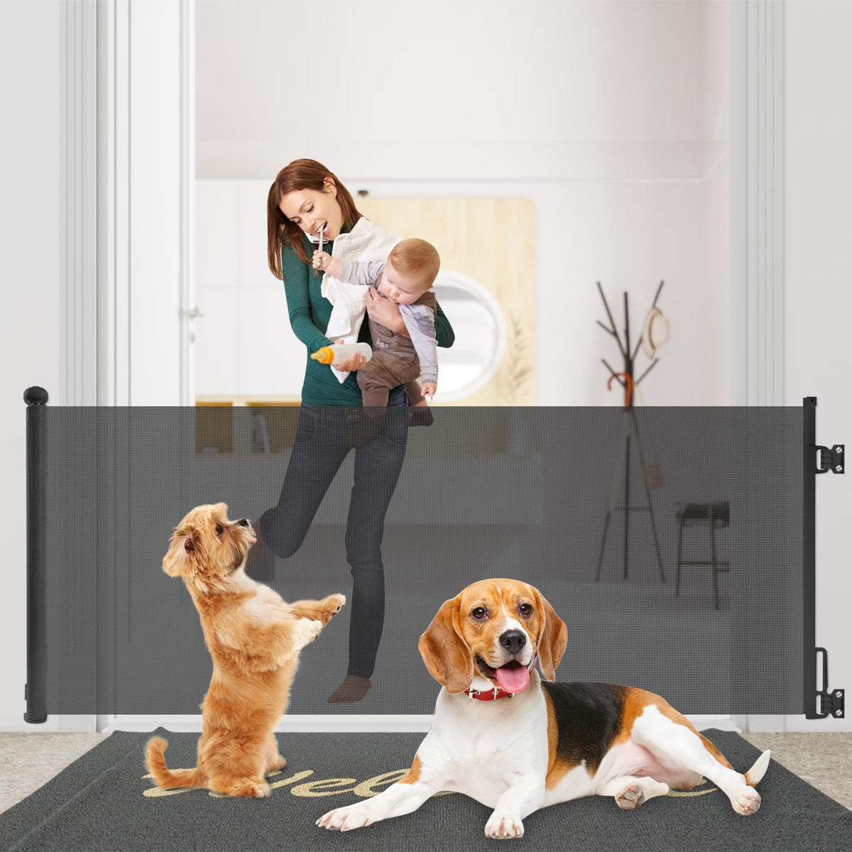 Rainberg Retractable Stair Gate for Baby & Pet with Secure 2-Step Lock 150cm Wide & 80cm Tall, One Hand Operated Baby Gate, Child Safety Gate for Doorways Stairs, Hallways, Kitchen (Grey)