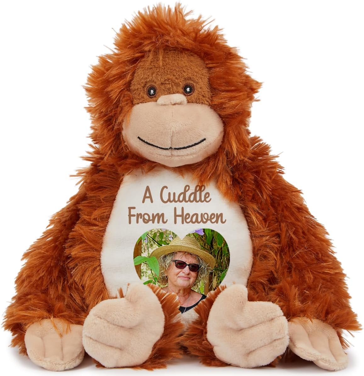 Personalised Memory Teddy Bear with Heart-Shaped Photo – “A Cuddle From Heaven” Keepsake Gift – 28 Bear Styles – Add Your Text & Choose Colour – Custom Memorial Bear (Orange Orangutan)