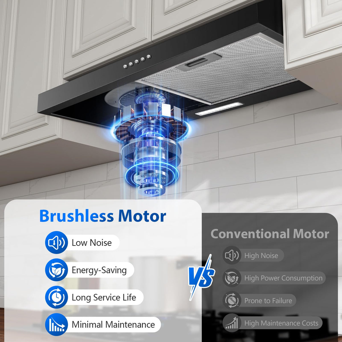 TopStrong 60cm Under Cabinet Cooker Hood, 250m³/h Slim Kitchen Extractor Fan, 3 Speed, A+ Energy Rating, LED Light, 430 Stainless Steel, Recirculating & Ducted Extractor Hood