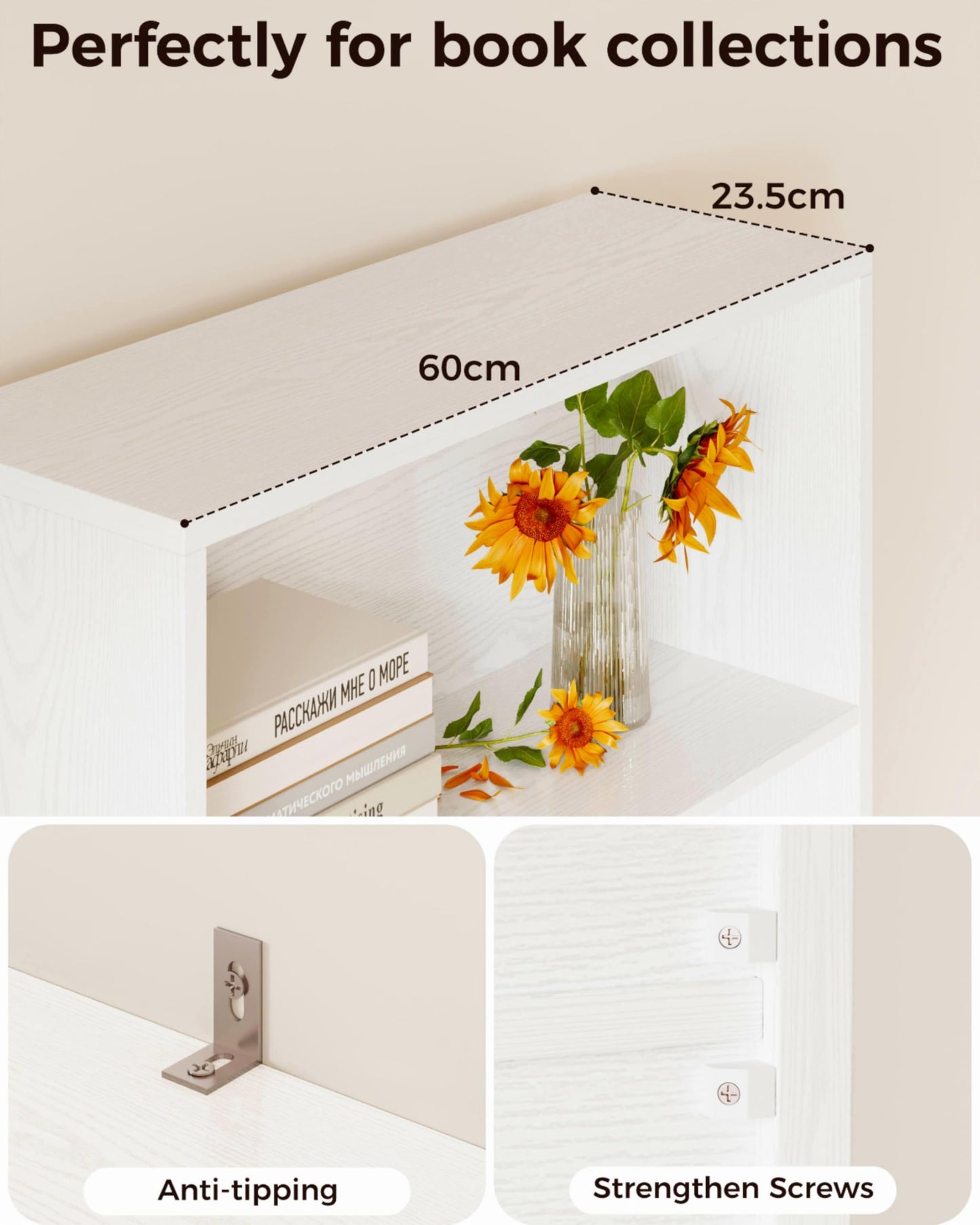 IRONCK Bookcase, Bookshelf with Doors, 6 Tier Tall Book Shelf, Shelving Unit, 60x23.5x180cm Free Standing Display Shelf for Living Room, Home Office, Dinning Room (white)