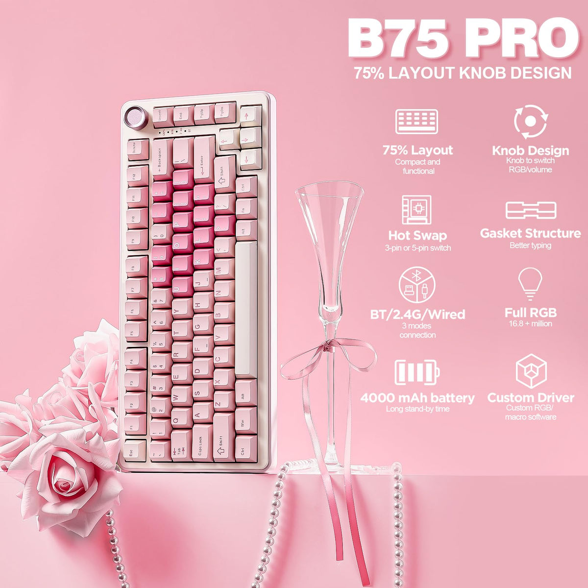 YUNZII B75 PRO 75% Wireless Mechanical Keyboard (Black Heart,Cocoa Switch)