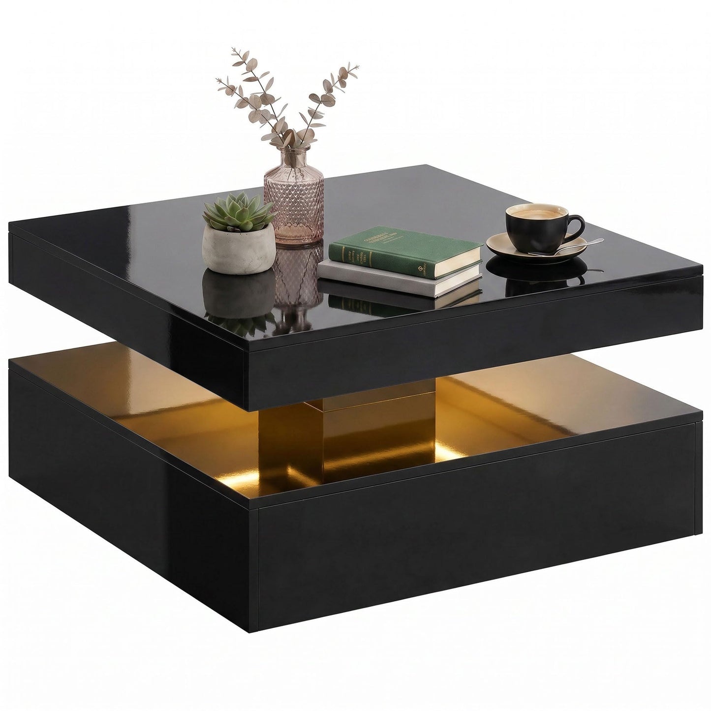 HOMCOM LED Coffee Table with Storage, 2-Tier Modern Centre Table with Open Shelf and Remote for Living Room, High Gloss White