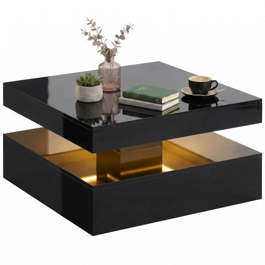 HOMCOM LED Coffee Table with Storage, 2-Tier Modern Centre Table with Open Shelf and Remote for Living Room, High Gloss White
