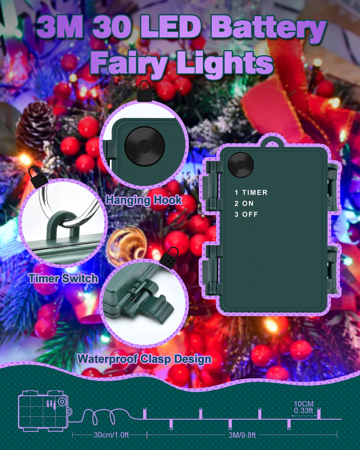 Dalugo Halloween Decoration Lights, 5M 50 LED Orange Purple White Fairy Lights with Timer, IP65 Waterproof Battery Powered Lights for Indoor Outdoor Autumn Halloween Decorations(Green Wire)