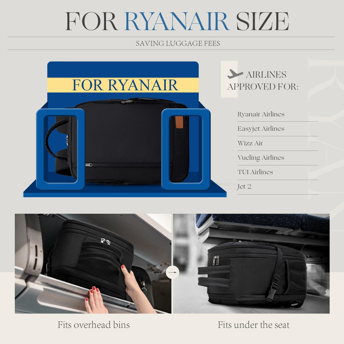 For Ryanair Cabin Bags 40x30x20 Underseat Travel Carry-on School Backpack