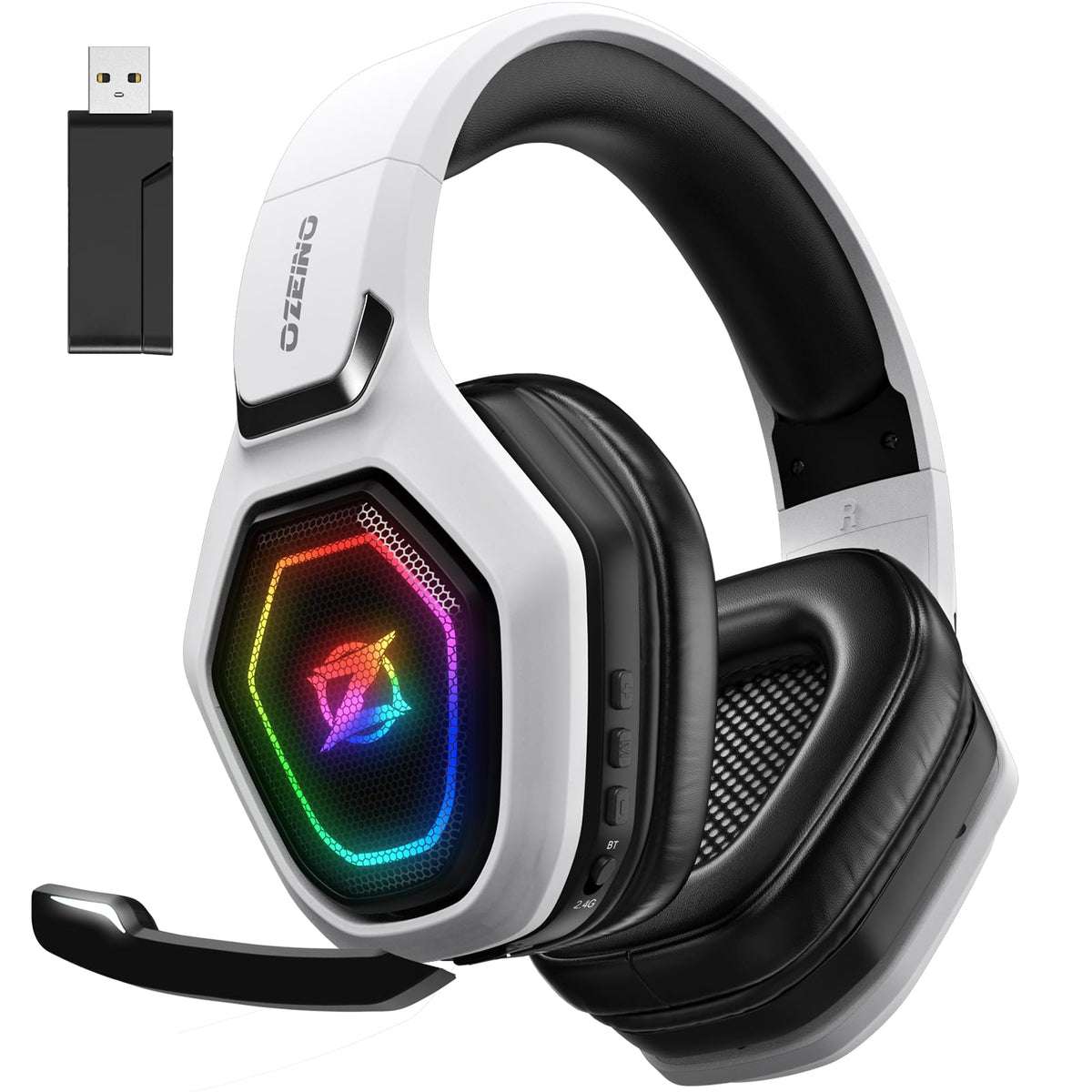 Ozeino Wireless Gaming Headset with Microphone, 2.4G & Type C Transmitter - 40h Battery Life - RGB Lighting Gaming Headphones for Ps5, Ps4, PC, Switch, Phone (Pink)