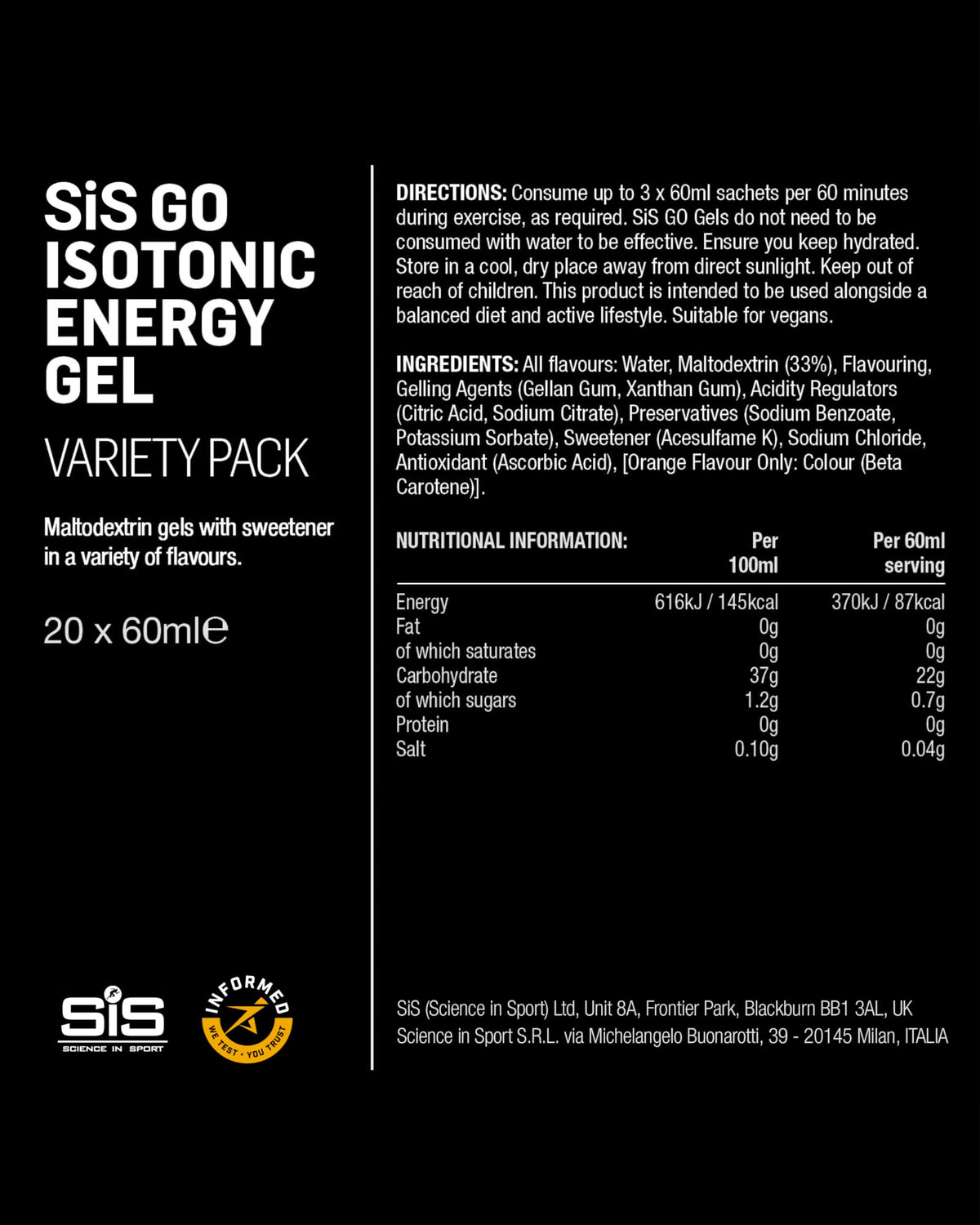 Science in Sport GO Isotonic Energy Gels Mixed, Mixed Flavours, 7 x 60ml