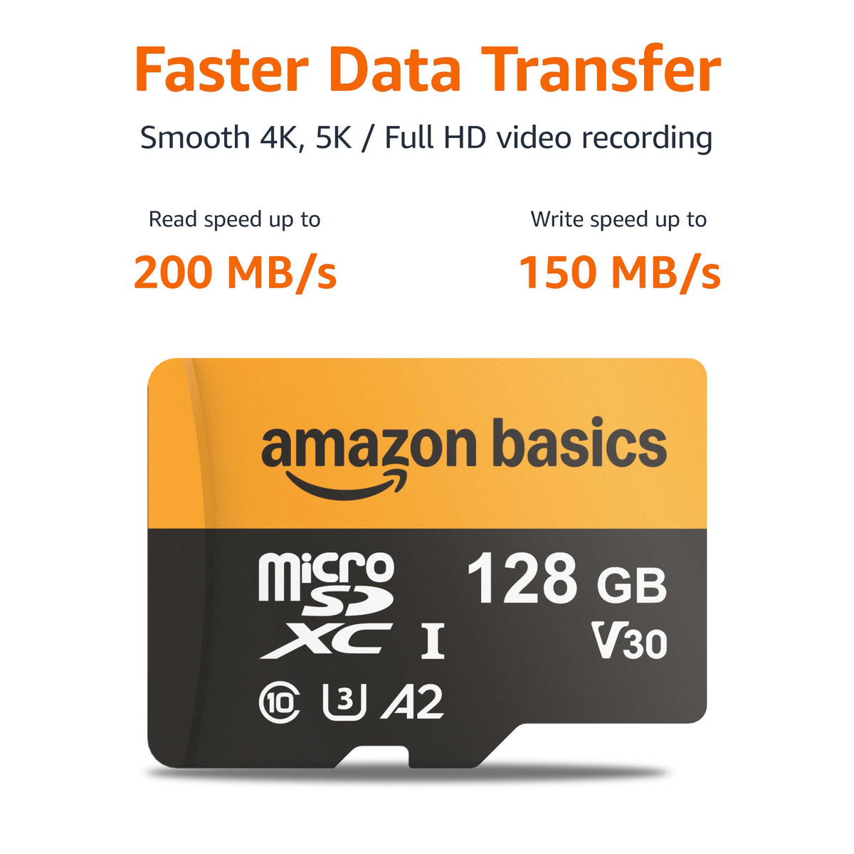 Amazon Basics microSDXC Memory Card with Full Size Adapter, A2, U3, Read Speed up to 100 MB/s, 128GB, Black