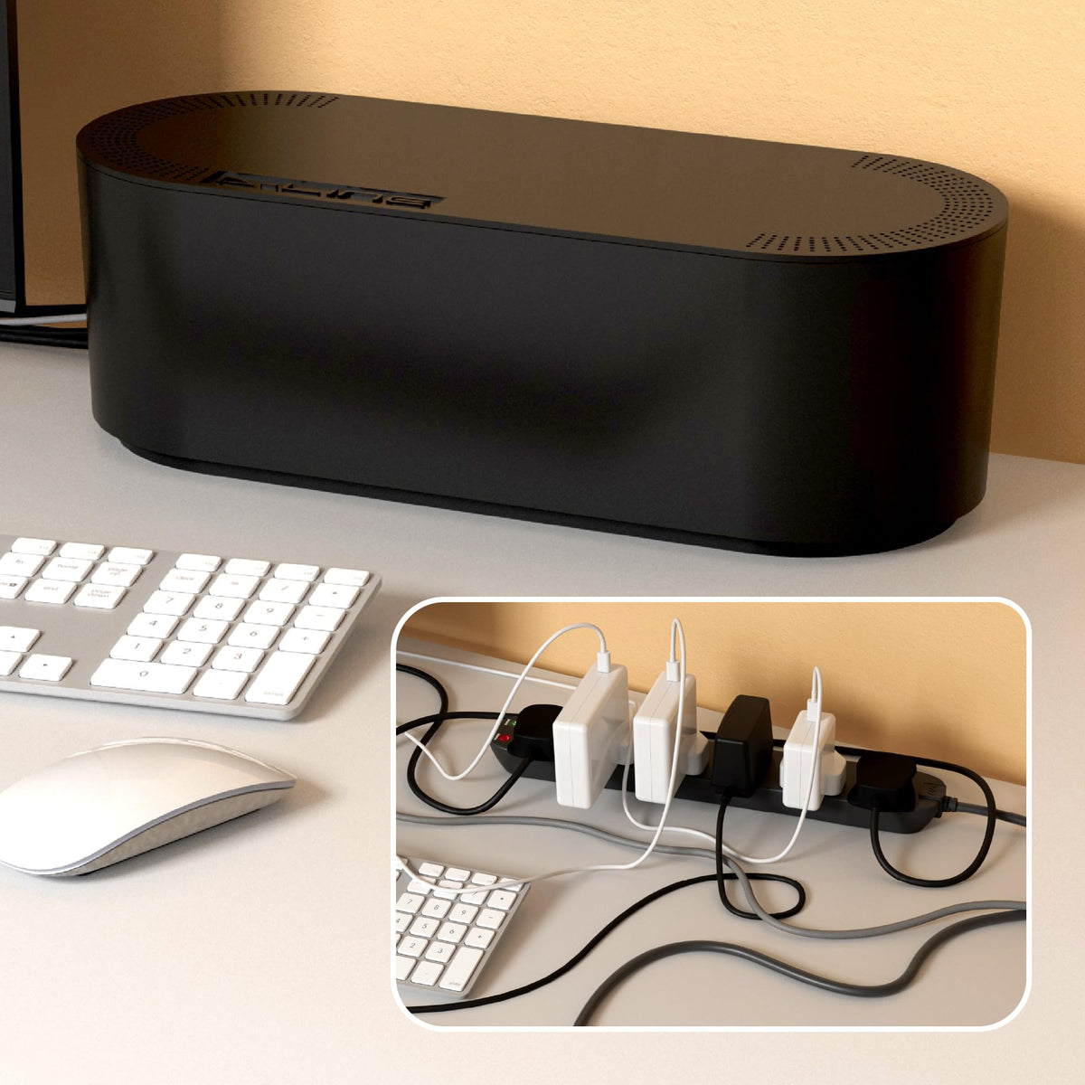 D-Line Cable Tidy Box, Hide & Conceal Extension Blocks, Desk Cable Management Solution, TV Wire Tidy, Made from Electrically Safe ABS Material - 325mm (L) x 125mm (W) 115mm (H) - Small, White