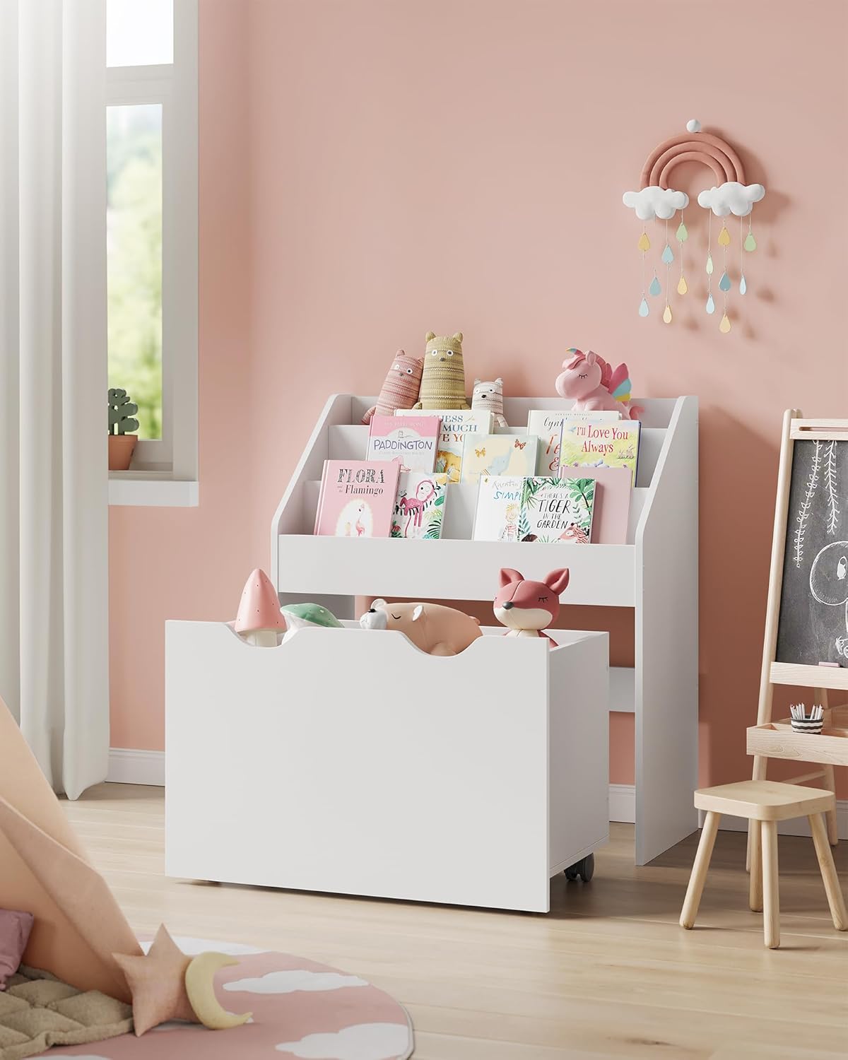 SONGMICS Kids Bookshelf and Toy Organiser, Toy Storage Chest and Bookcase with 3 Shelves, Storage Box with Wheels, Multipurpose, for Children's Room and Playroom, Cloud White GKR041W10