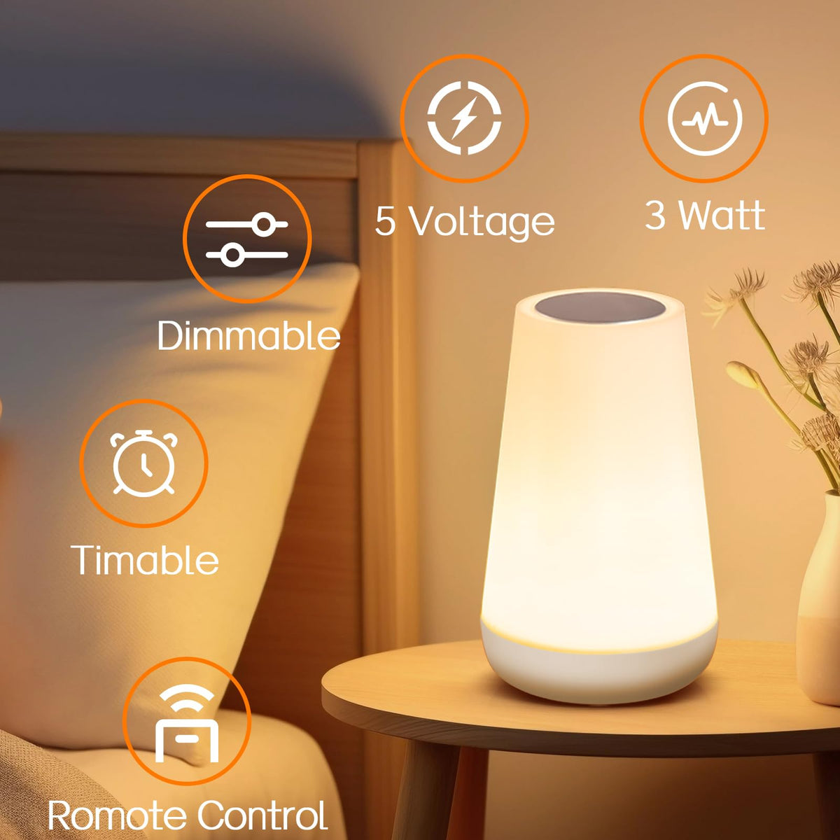 Ledivion Night Light, LED Touch Bedside Table Lamp, RGB Colours Changing, 5 Brightness Level, Timing Function, Dimmable Rechargable Remote Control Light for Bedroom, Living Room