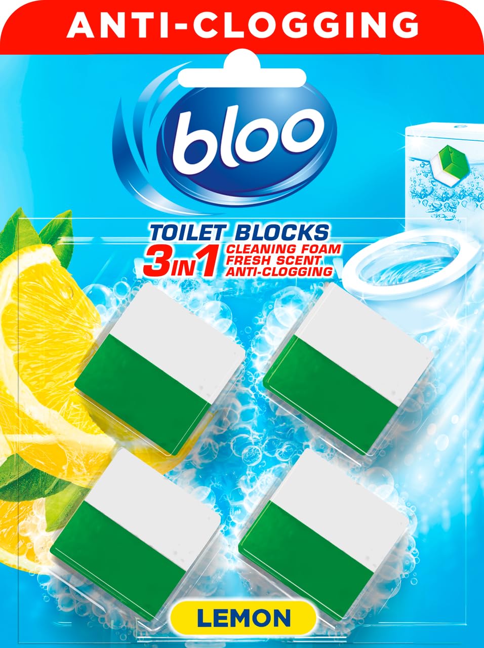Bloo New 3in1 Toilet Blocks, Pack of 2, Toilet Limescale Remover Cistern Block, Toilet Cleaner Block with Cleaning and Foaming Action, Toilet Fresheners - Limescale Prevention