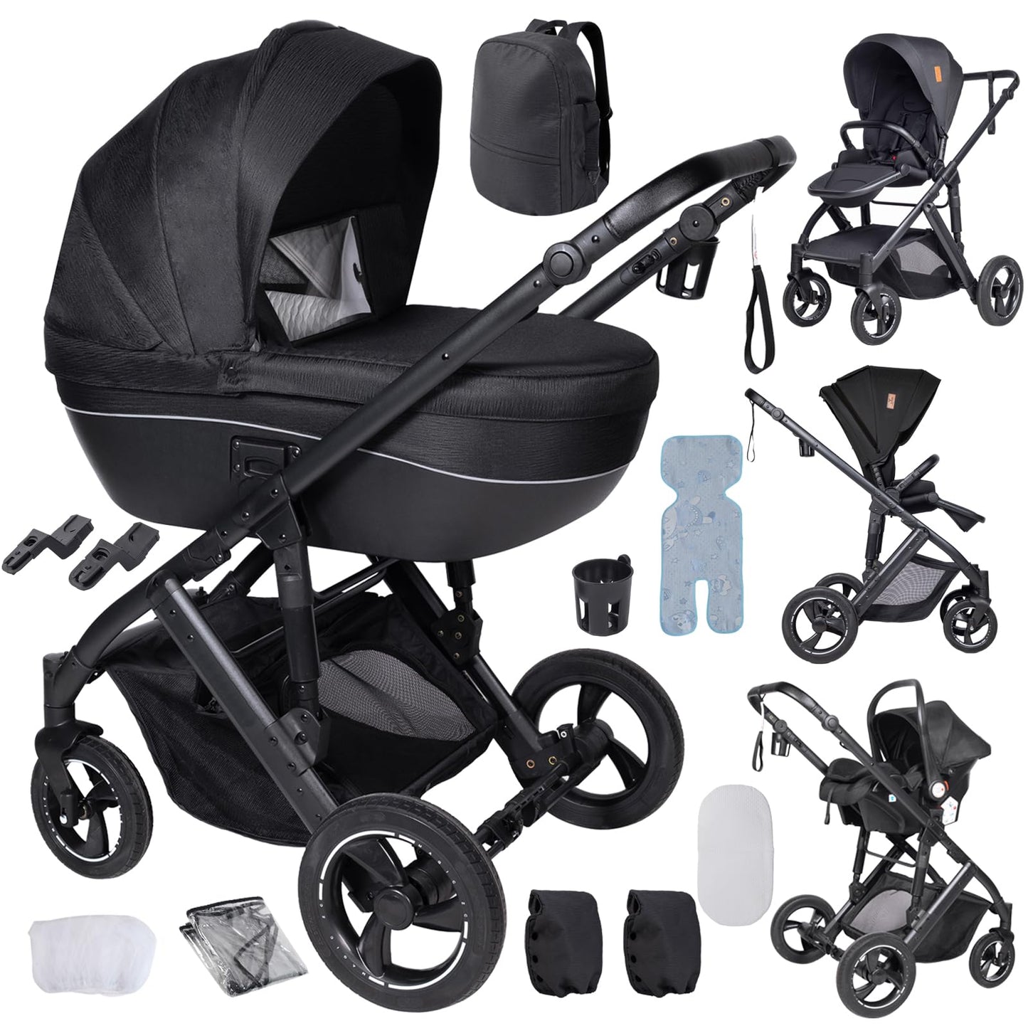 PU Leather 3 in 1 Pushchair Travel System, Toddler Stroller, Baby Pram 3 in 1, Infant Carriage with One-Click Folding, Newborn Buggy with Aluminum Frame (V6 Black)