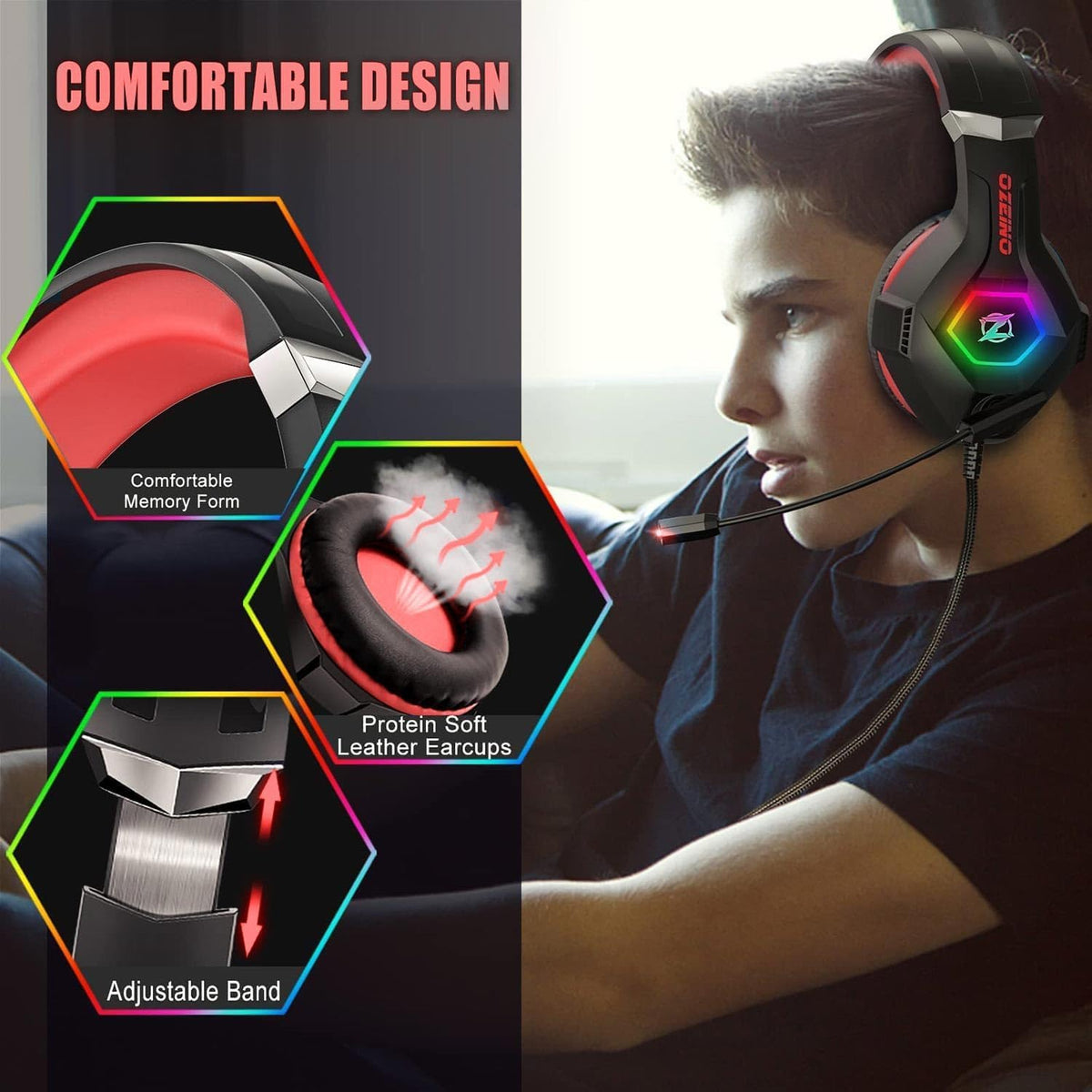 Ozeino Gaming Headset with Microphone for PS5/PS4/Xbox One/PC/Switch, Gaming Headphones with 3D Surround Sound & Noise Cancellation Pink