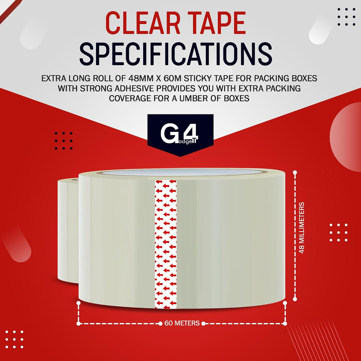 G4GADGET Pack of 3 Clear Packing Tape - Heavy Duty Transparent Tape 48mm x 66m - Ideal for Moving, Packing Boxes, and Secure Packaging