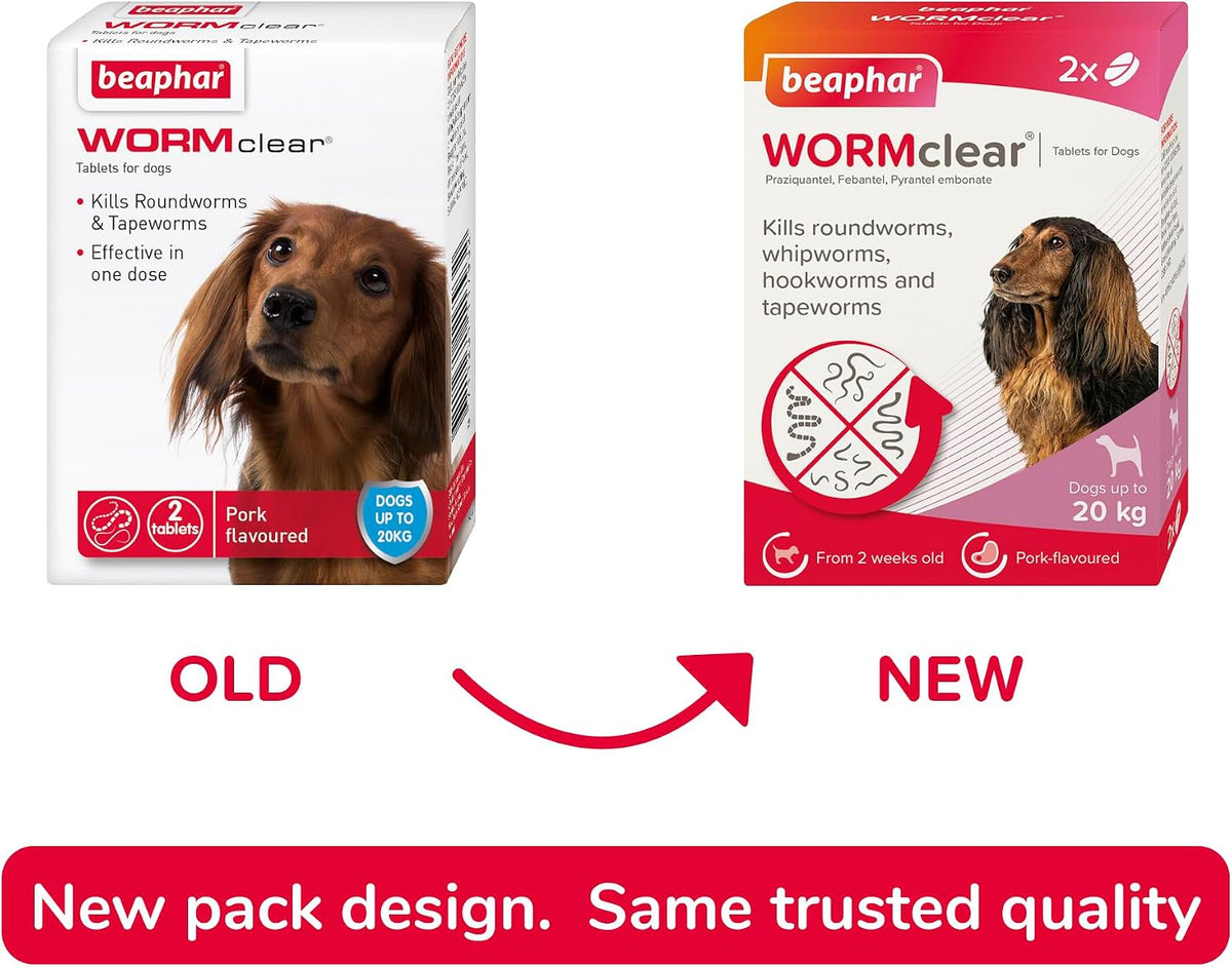 Beaphar - WORMclear® Tablets for Dogs up to 20kg - 2 Tablets - Kills All Common UK Intestinal Worms (Roundworms & Tapeworms) - Vet Strength Wormer - Pork-Flavoured - For dogs over 2 weeks old & 3kg