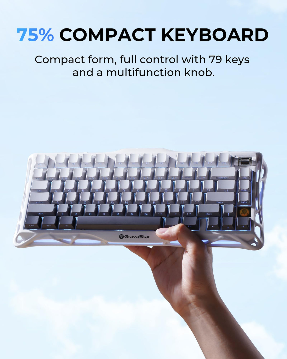 GravaStar Mercury K1 Mechanical Keyboard with Aluminium Frame, 75% Wireless Gaming Keyboard, Hot Swap Custom Keyboard with Button, Gasket, RGB Tri-Mode Keyboard, PBT Keycaps, 8000 mAh White