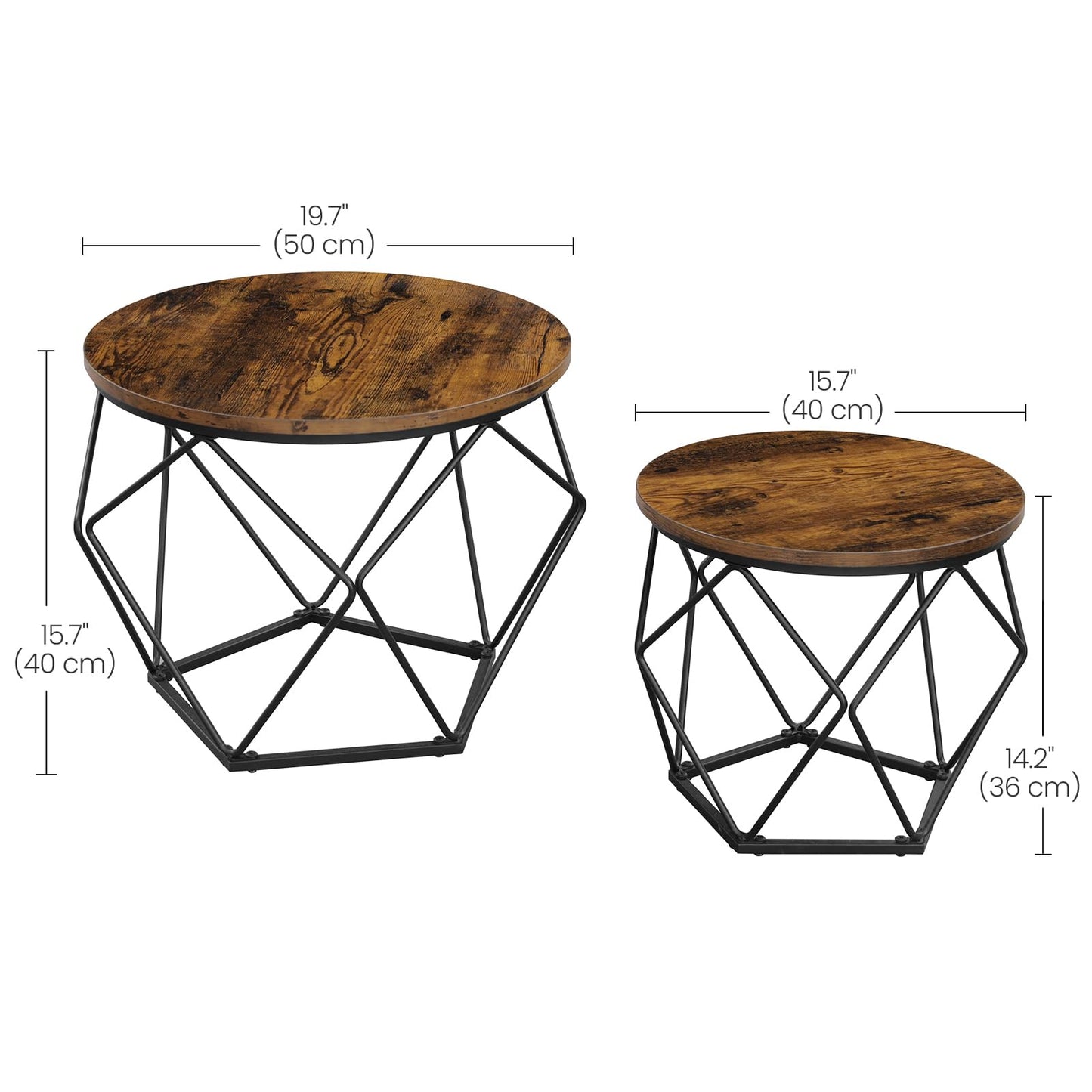 VASAGLE Coffee Tables, Set of 2 Side Tables, Robust Steel Frame, for Living Room, Bedroom, Rustic Brown and Black LET040B01