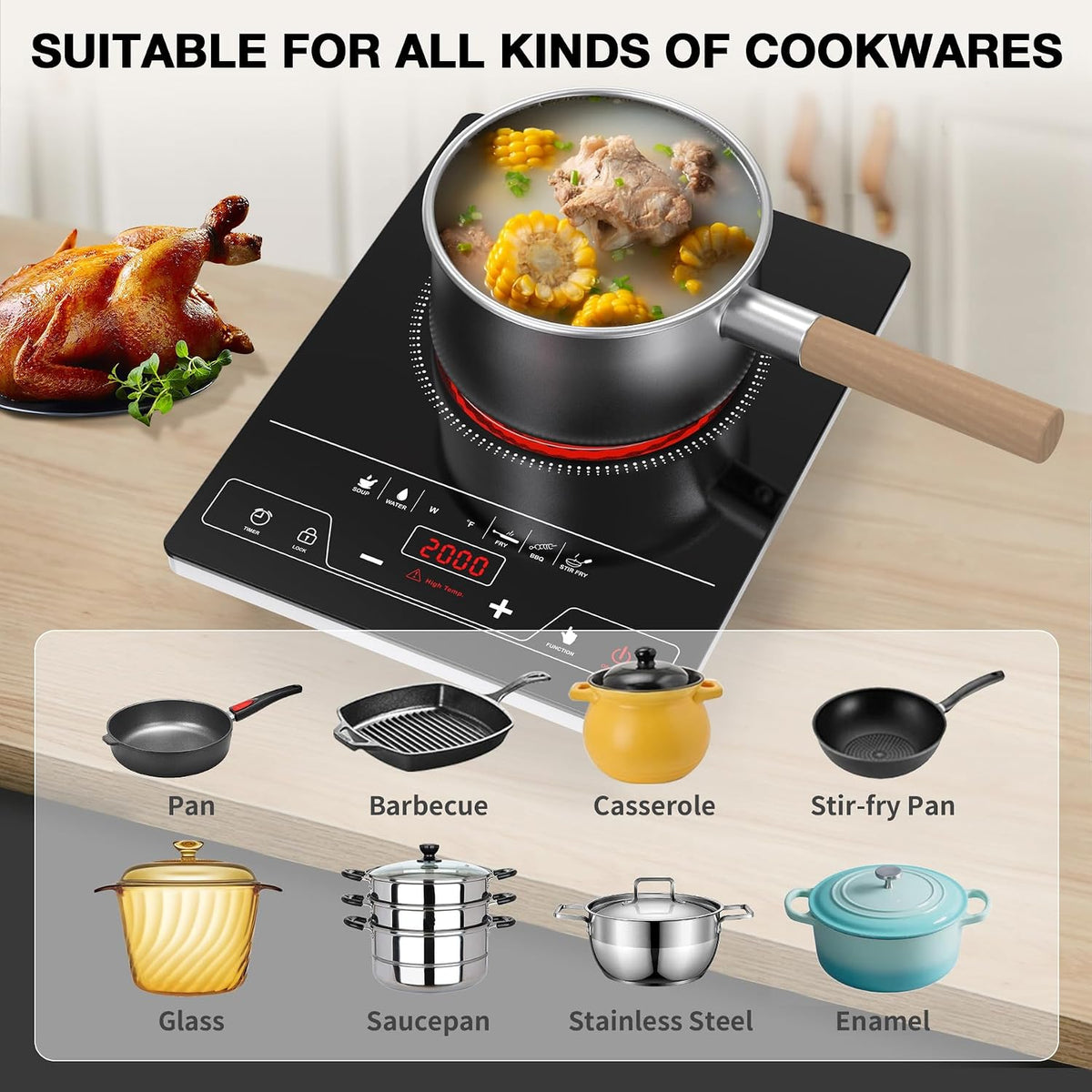 VBGK Portable Ceramic Hob, 2000W Pulg in Single Electric Hob, Portable Electric Hob with Digital LED Touch Controls, 10 Power Levels, 4-Hour Timer, Child Safety Lock, Black