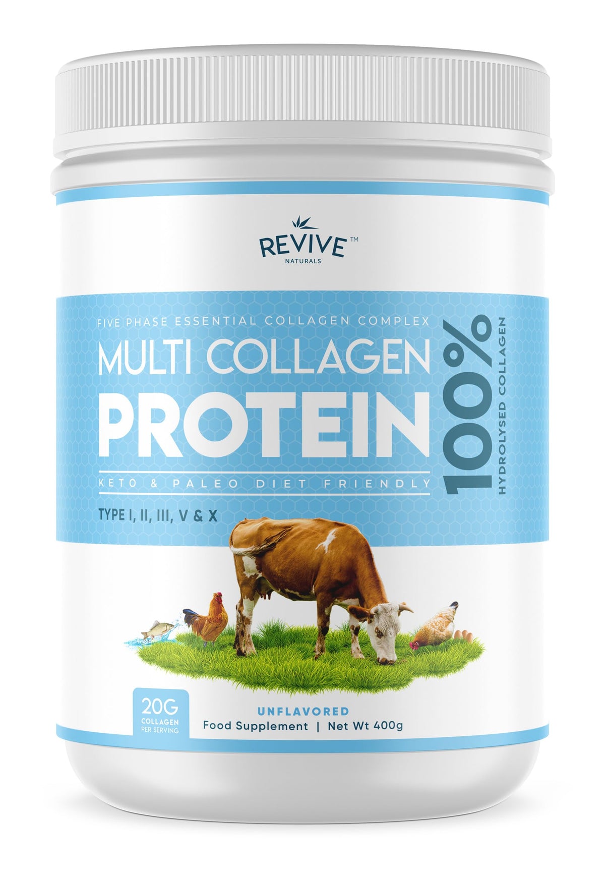 Multi Collagen Protein Powder 400g - Types I, II, III, V & X - Hydrolyzed Grass Fed Bovine, Wild Caught Fish, & Free-Range Chicken & Eggshell Collagen by Revive Naturals