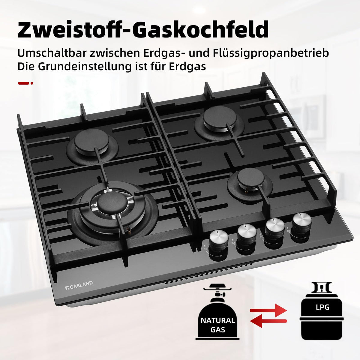 GASLAND GH60SF 60cm Built-in Gas Hob, 4 Burners Stainless Steel Gas Cooktop with Flame Failure Protection, NG/LPG Convertible, 8000W