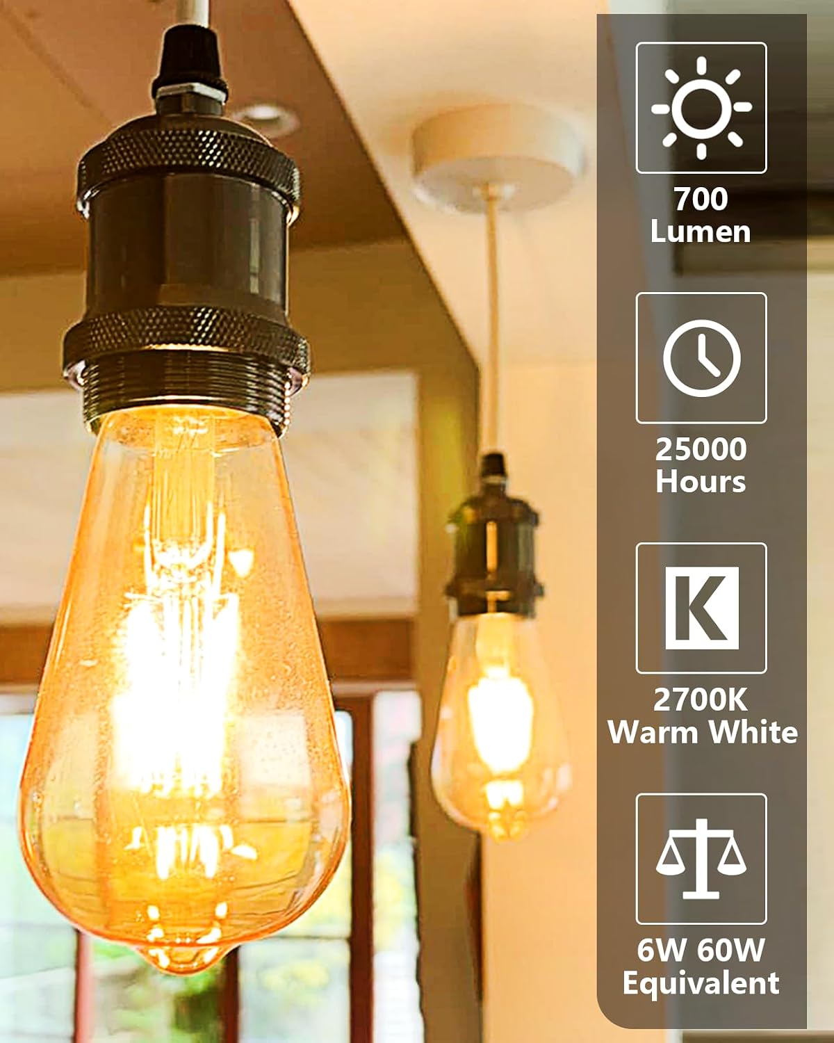 Vanke E27 Vintage Light Bulb, 6W(60W Equivalent), Warm White 2700K, 2-Pack