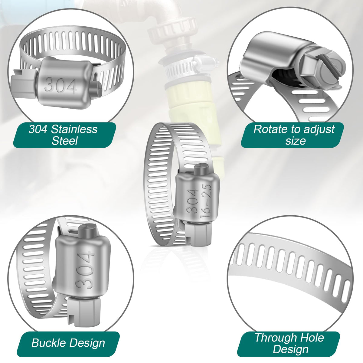 Hose Clips 141-165mm, 4 Pcs Hose Pipe Clips Stainless Steel 304