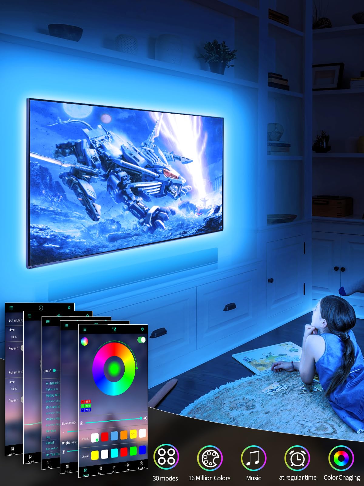 GIPOYENT TV Light Strip, 5M TV Backlight, for 45-75 Inch TV, Music Sync LED TV Light with Bluetooth Function - RGB Color Changing Light Strip for Home Theater (16.4ft)