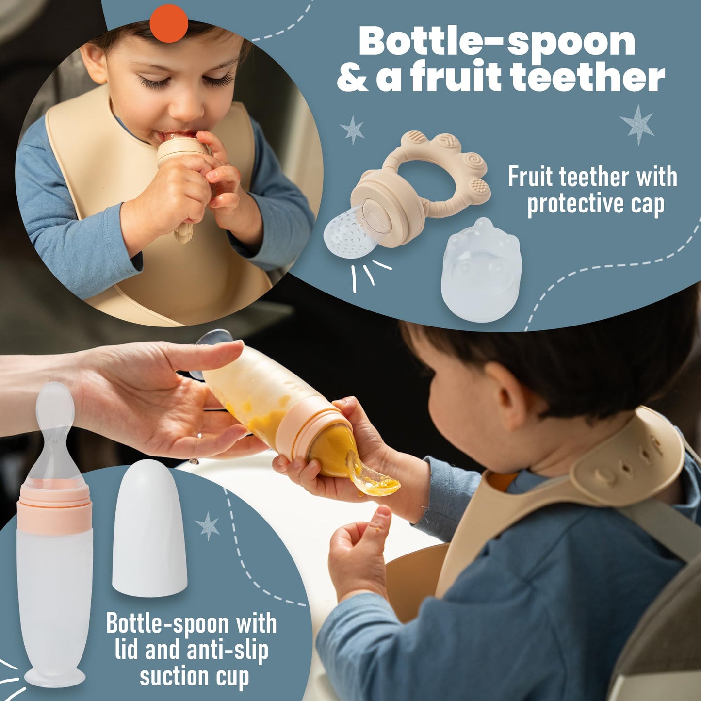 Baby Weaning Set - Silicone Baby Feeding Set with Bag for Travel or Storage at Home - Baby Fruit Feeder and Baby Bottle with Spoon Included