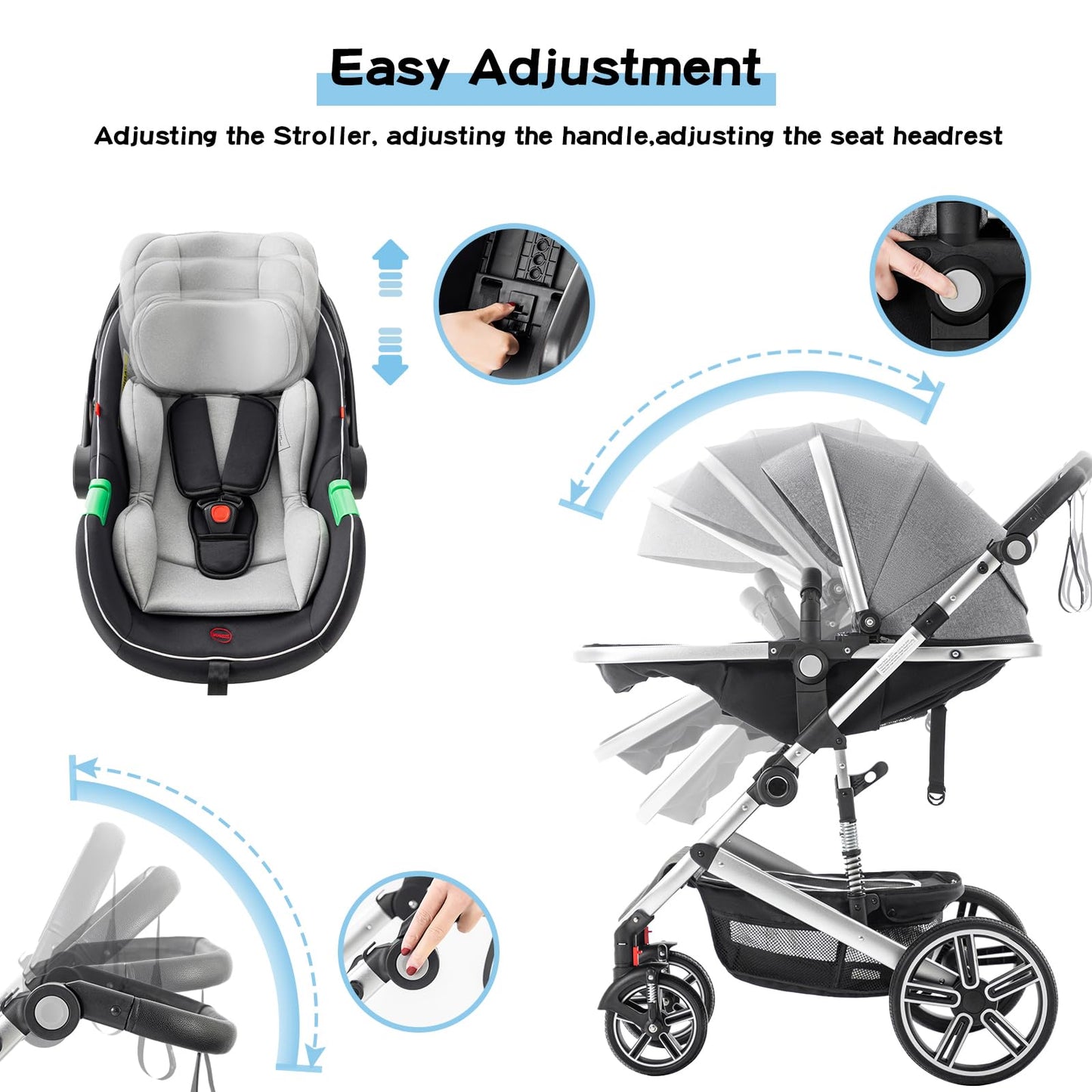 Baby Stroller 3 in 1,Travel Pushchair's Lie-Flat Pram is Foldable, Stroller System Handle is Adjustable, The Wheels are Made of PU Material, Suitable for 0-3 Years-Khaki