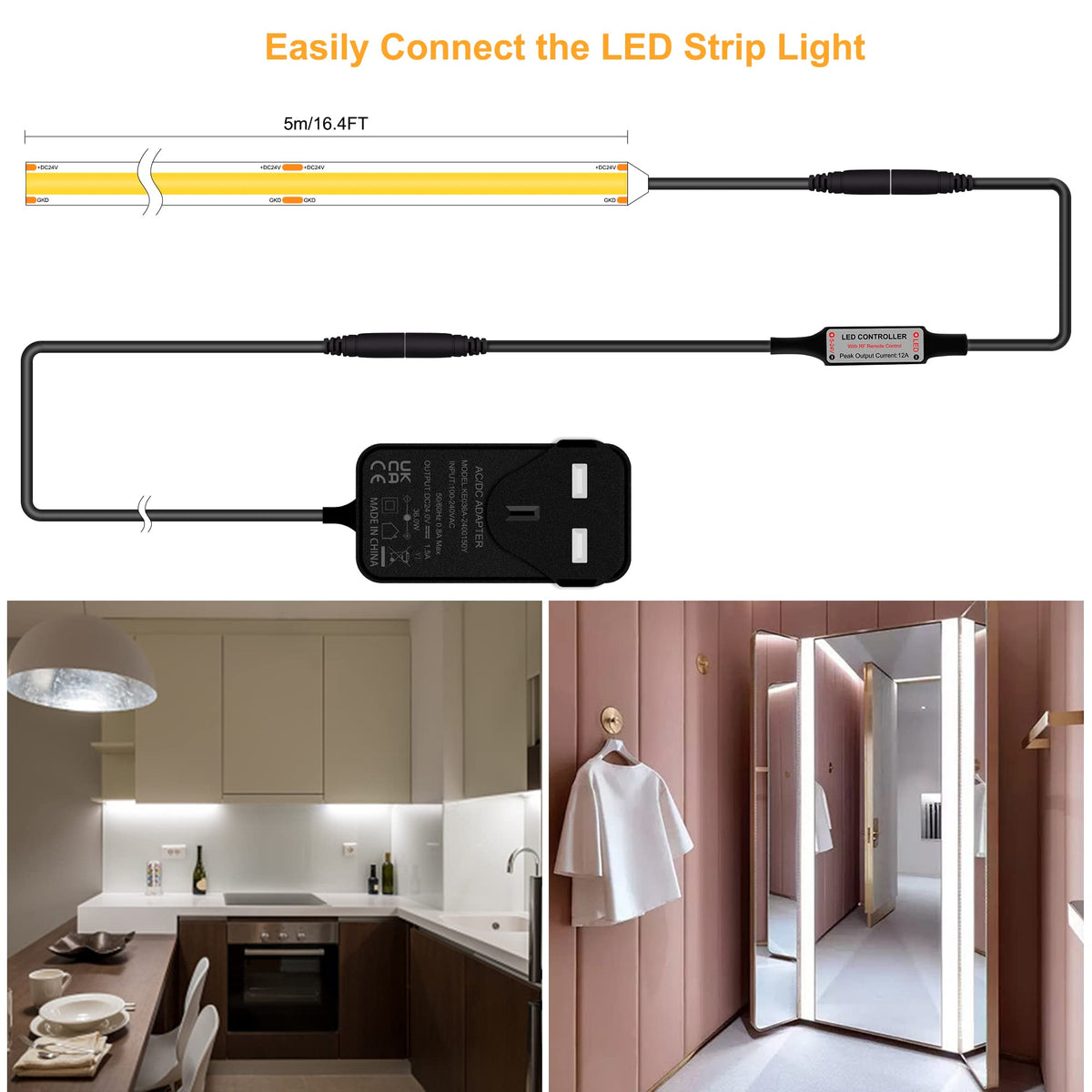 TTWAY COB LED Strip Lights 2700K, Dimmable LED Strip Kit, Super Bright 24V LED Tape Lights CRI90+ with RF Remote and UKCA Power Supply for DIY Home Decoration, 5M, 2400LEDs, Warm White.
