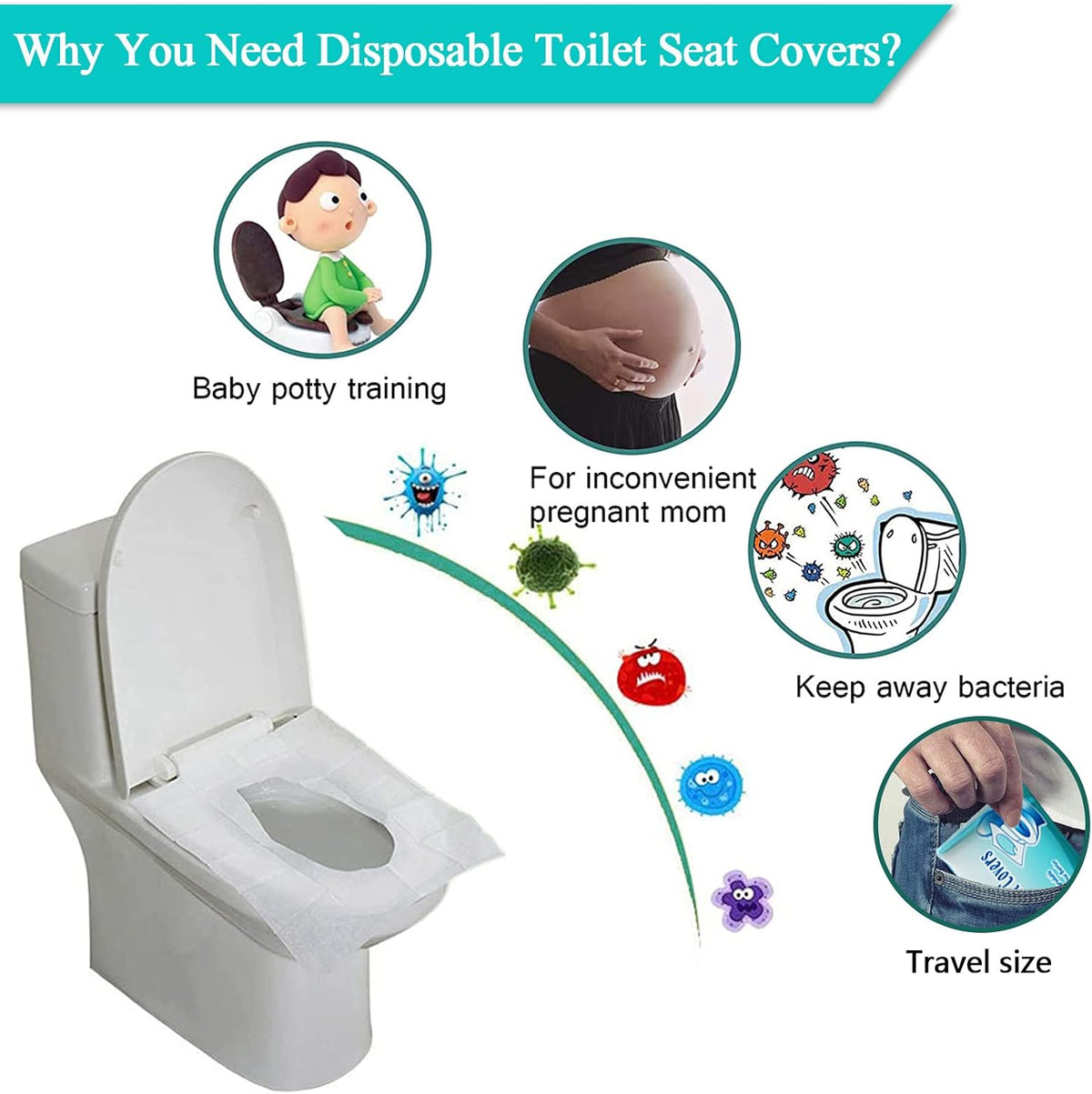 60PCS Disposable Toilet Seat Covers, Flushable Toilet Seat Covers for Kids Adults Pregnant Women, Disposable Toilet Seat Cover for Travel, Use in Public Toilets