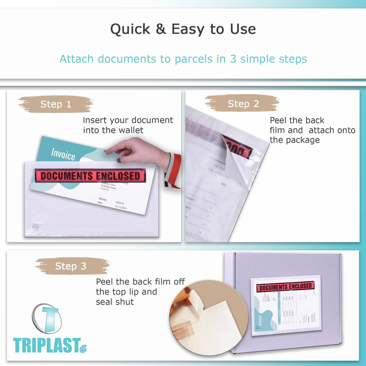 Triplast 200 x DL Printed Document Enclosed Wallet (230 x 110 mm) | Peel & Seal Clear Plastic Envelopes/Sleeves/Pockets/Wallets | Attach Invoices, Packing Lists & Delivery Notes to Parcels