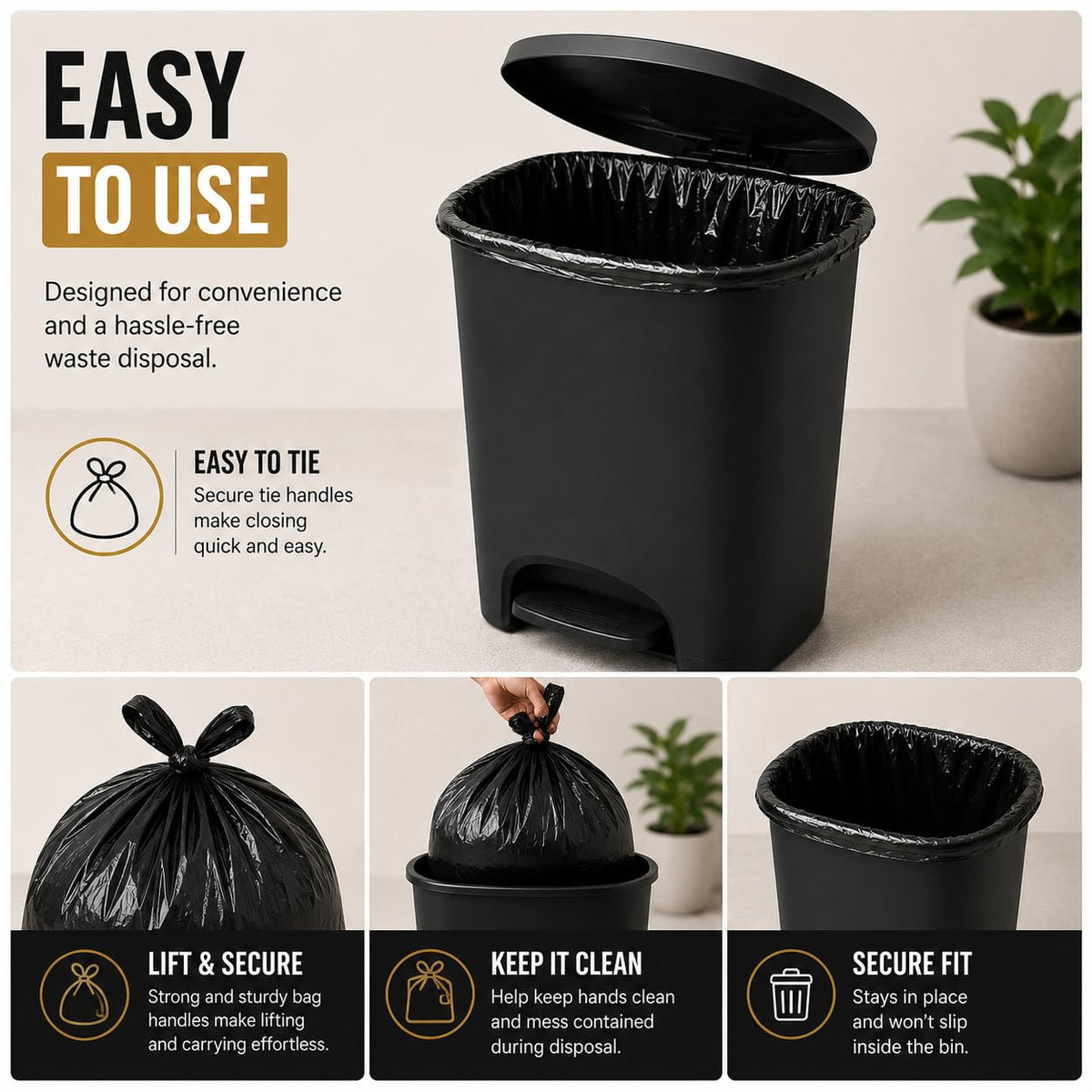 Haya Home 50L 50 Bin Bags Heavy Duty Bin Liners, Black Plastic Refuse Sacks large Garbage Waste Dustbin Bags for Kitchen Home Office DIY Garden from 100% Recycled Material