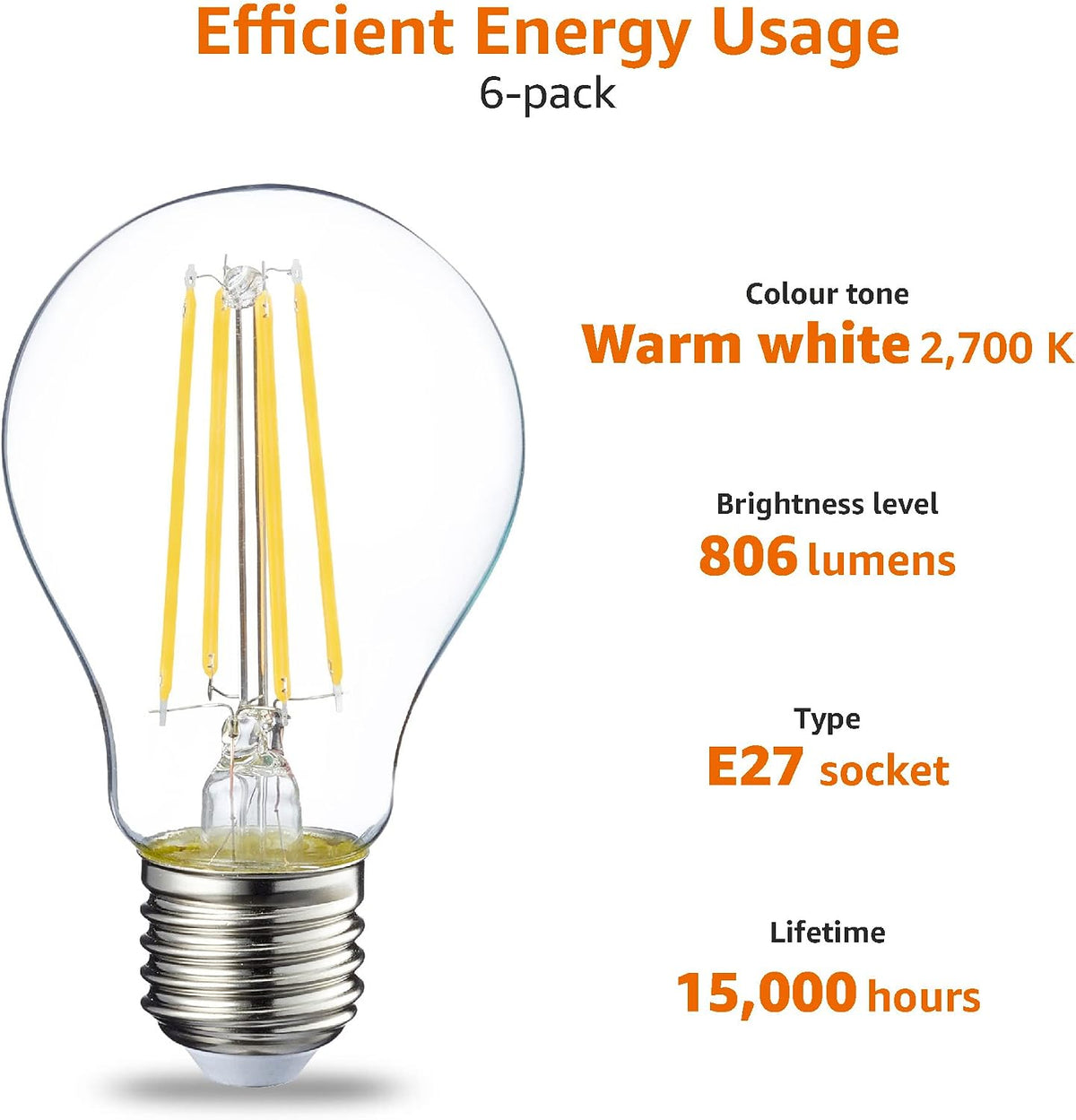 Amazon Basics LED E27 Edison Screw Bulb, 7W (Equivalent to 60W), Clear Filament, Warm White, Non Dimmable - Pack of 6