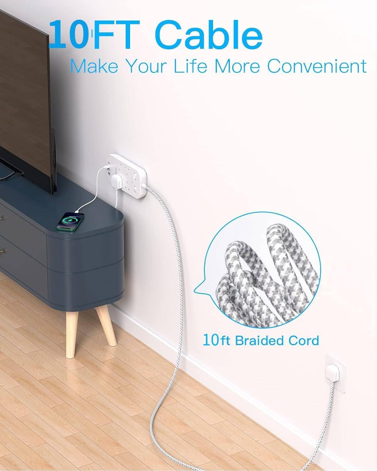 5M Extension Lead Surge Protected, 4 Way Outlets with 2 USB C & 2 USB A