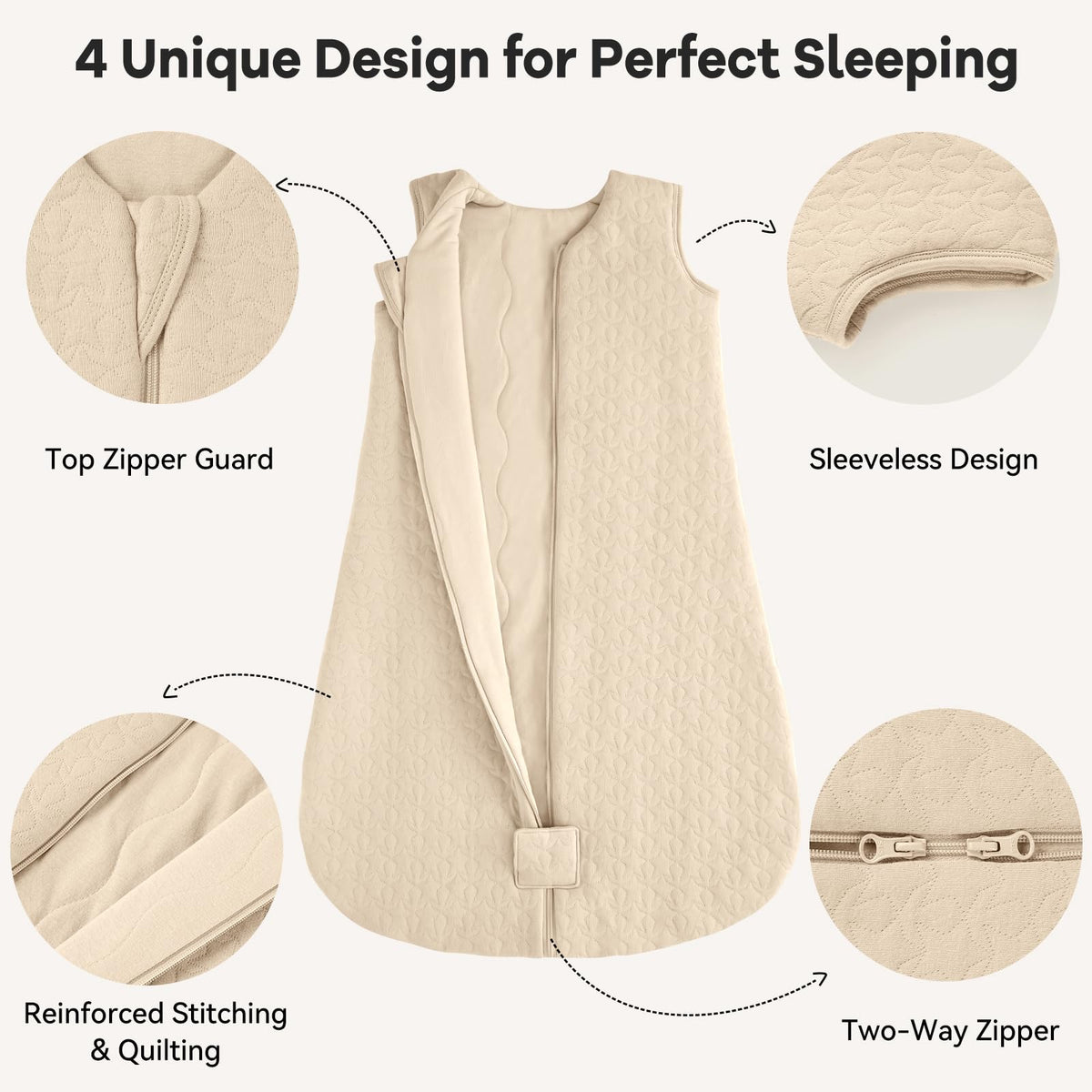 Unnivoll Baby Sleeping Bag 2.5 Tog 0-6 Months 100% Cotton Winter Sleeping Bag Baby 2-Way Zipper Quilted Sleep Sack for Newbron Infant Warm Soft Apricot
