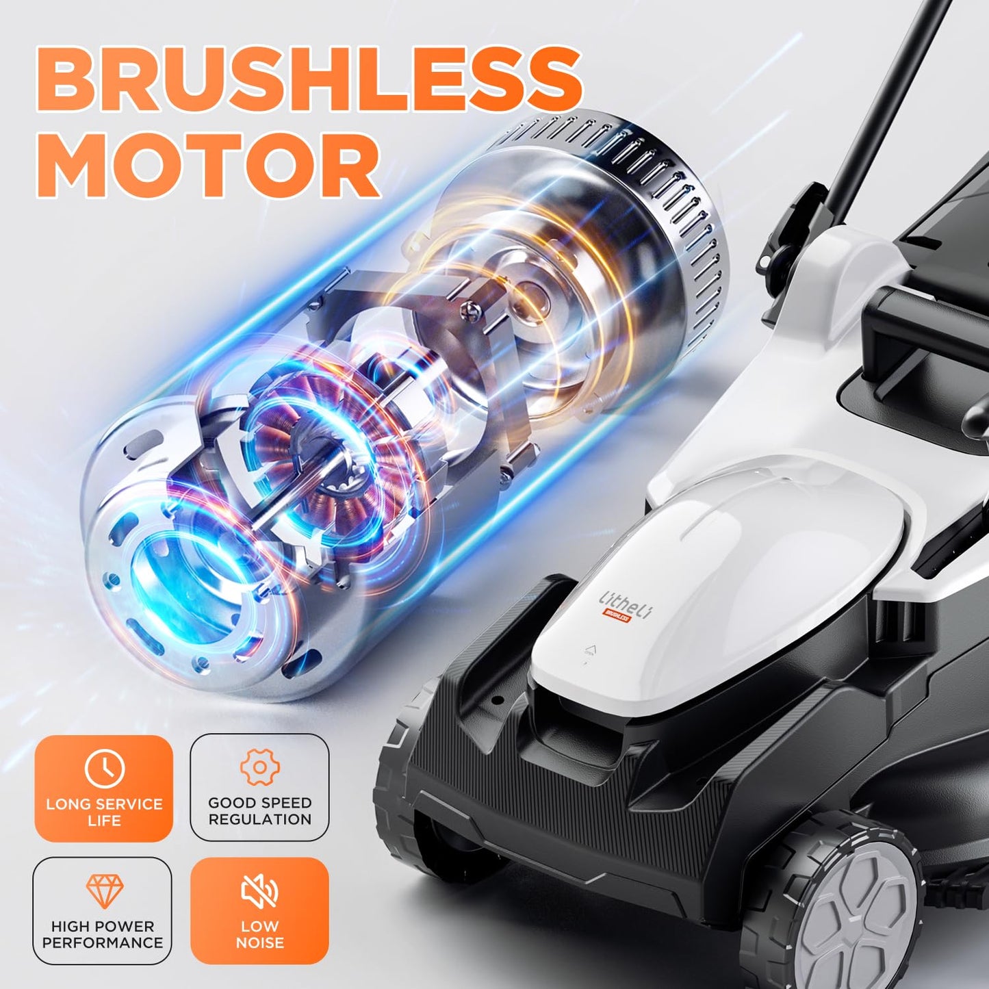 Litheli Cordless Lawnmower, 20V/33cm Cutting Width, Brushless Motor, Battery Lawn Mower, 5 Cutting Heights, 30L Grass Box, Incl. 4.0Ah Battery