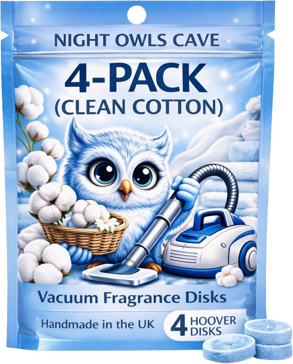 Handmade Scented Vacuum Cleaner Discs - Elevate Your Vacuum Game with Fresh, Long-Lasting Fragrances | 4 Pack, 30MM | Extra Strength Vacuum Disc Fresheners (Clean Cotton)