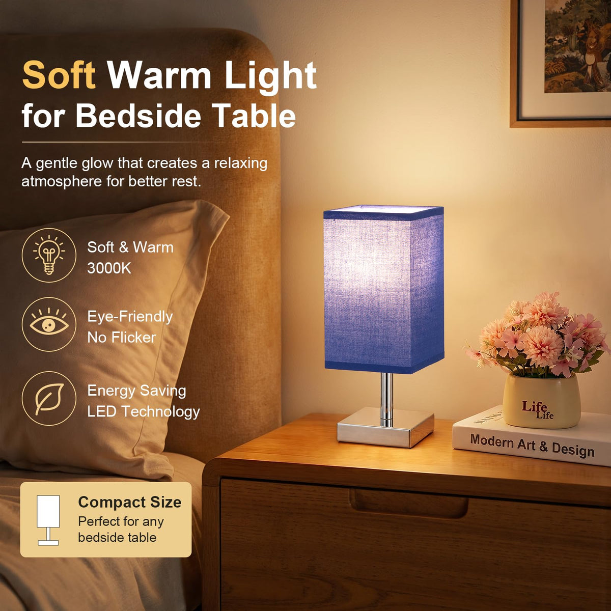 White Table Lamp for Bedroom, Small Bed Lamp with for Bedroom, Silver Base(Bulb Included)
