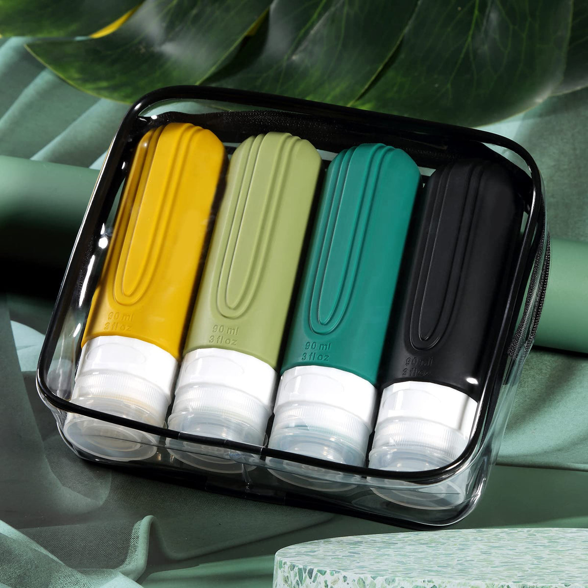 Mrsdry Travel Bottle for Toiletries, Leak Proof Silicone Travel Size 90ml Bottles Refillable Containers for Liquid Shampoo, BPA Free and TSA Approved Travel Accessories with Clear Bag (4 Pack)