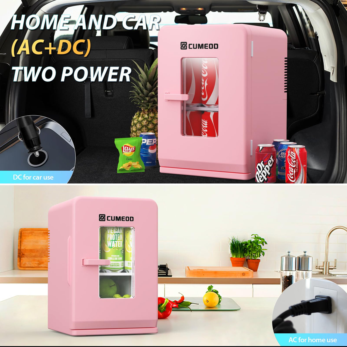 Mini Fridge 15 Liter/21 Cans, Upgrade Portable AC+DC Power Small Fridge for Bedroom, Car, Office, Thermoelectric Cooler and Warmer Skincare Fridge for Food, Drinks, Cosmetics, Max & ECO Mode