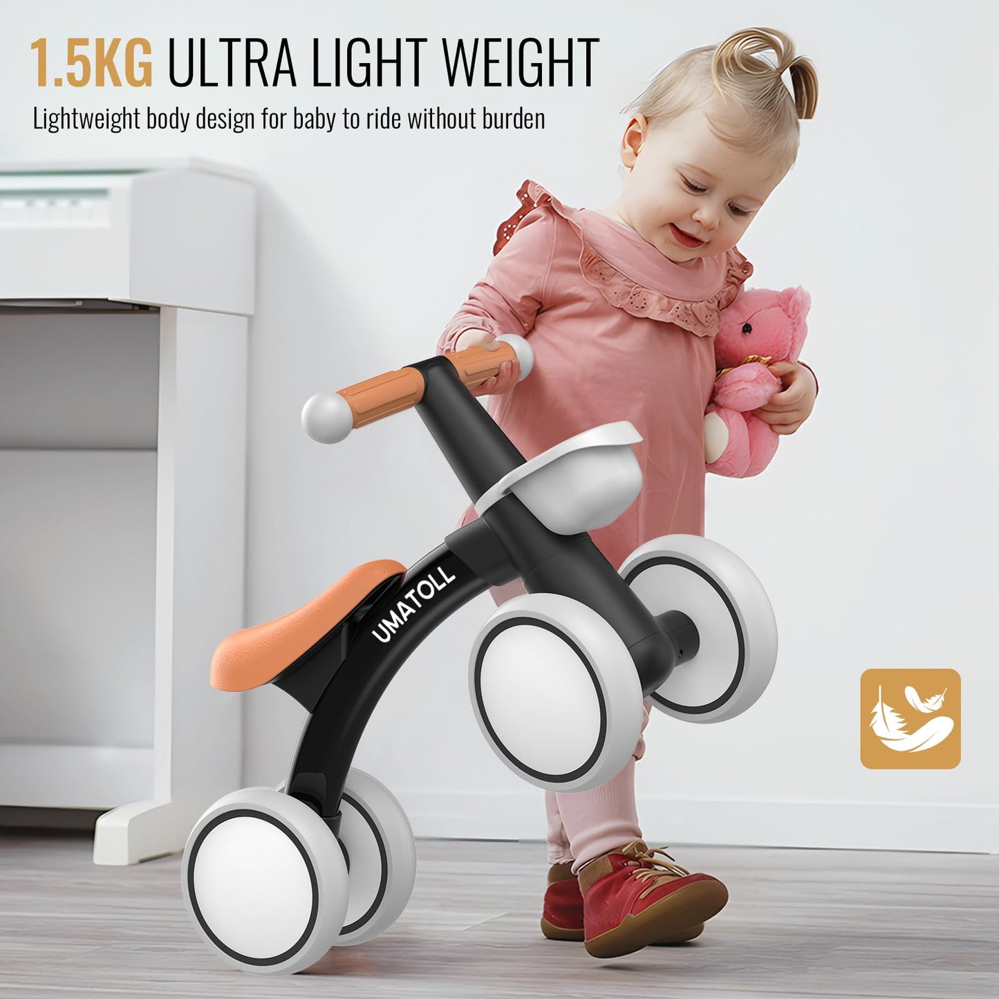 Umatoll Baby Balance Bike for 1 Year Old Boys Girls, 12-24 Months Toddler Balance Bike with Removable Basket, Adjustable Seat, 4 Wheels Infant Bike, First Birthday Gift