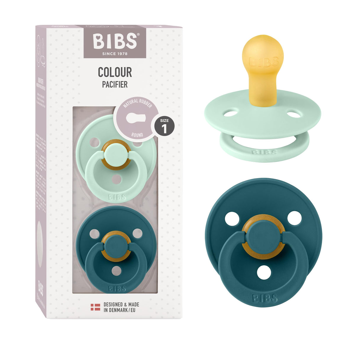 BIBS Colour Soother 2-Pack, BPA Free Dummy Pacifier, Round Nipple. Natural Rubber Latex, Made in Denmark, Size 2 (6-18 Months), Baby Blue