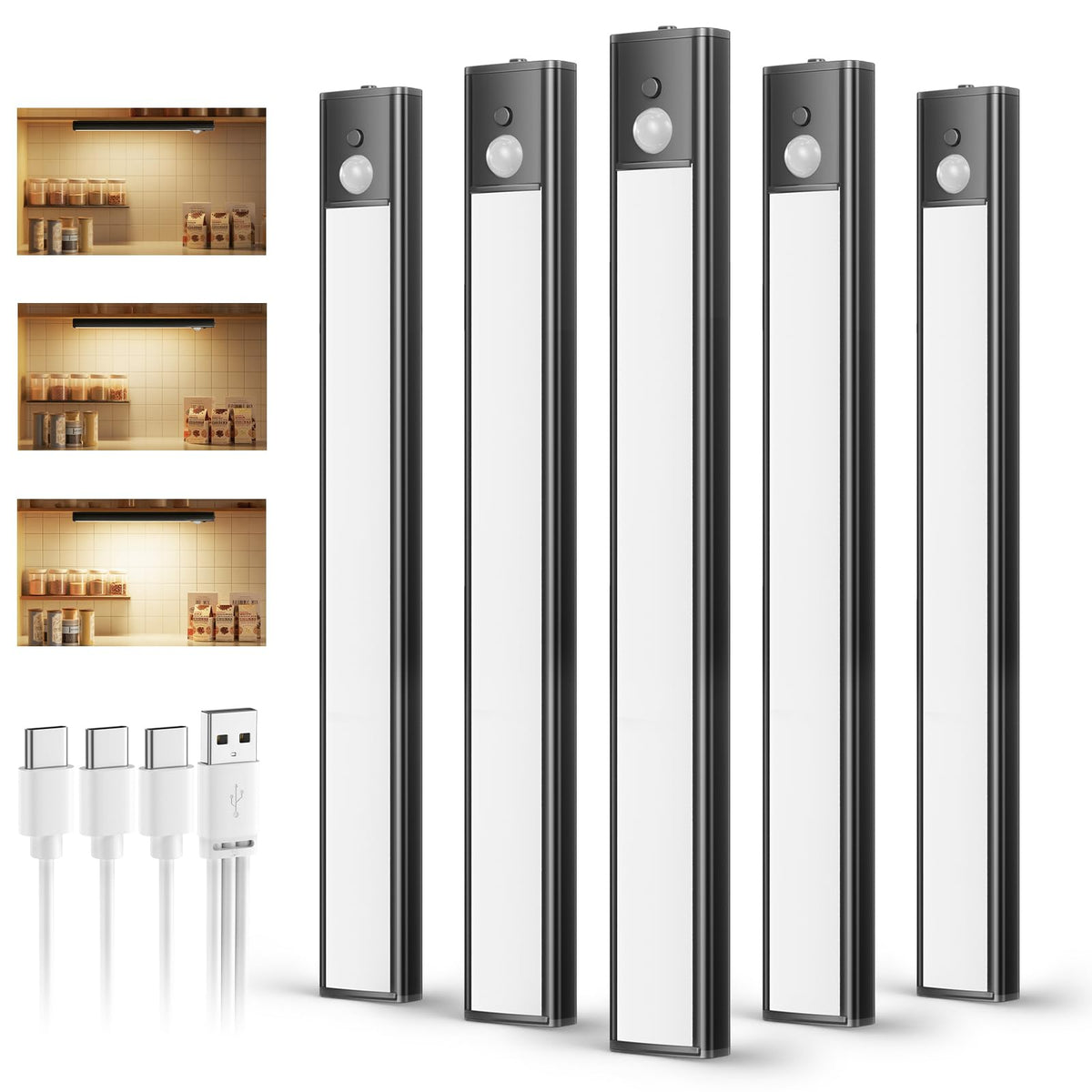daphomeu 5 Pack Rechargeable Under Cupboard Kitchen Lights, 20CM Dimmable Warm Cabinet Light, LED Motion Sensor Lights Indoor, Magnetic Stick Light for Kitchen Shelf Stairs Wardrobe