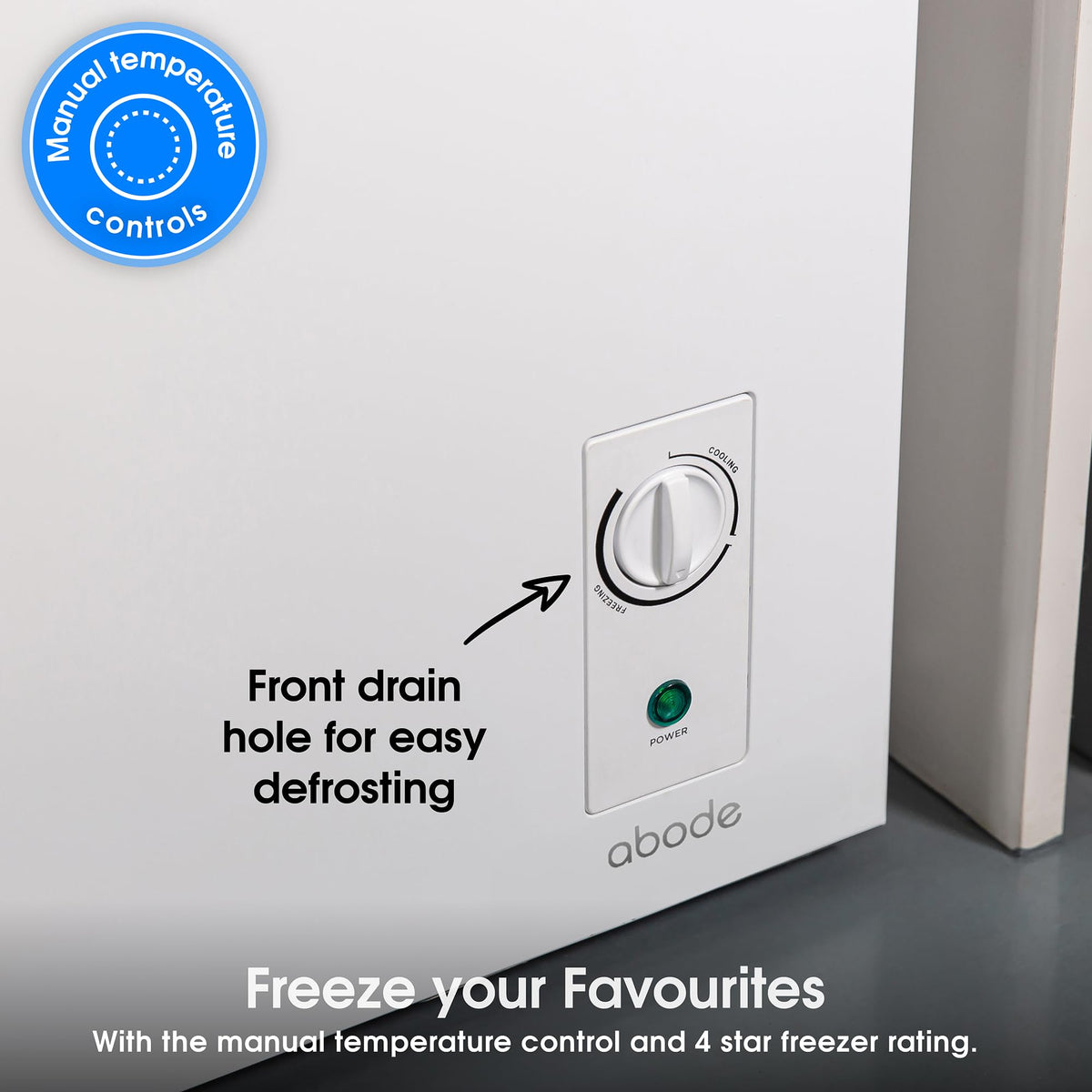 Abode Freestanding White Chest Freezer 99L with Removable Wire Basket & Counter Balance Lid, Adjustable Thermostat, 4 Star Freezer, Suitable for Garages & Outbuildings A99CF0E1W